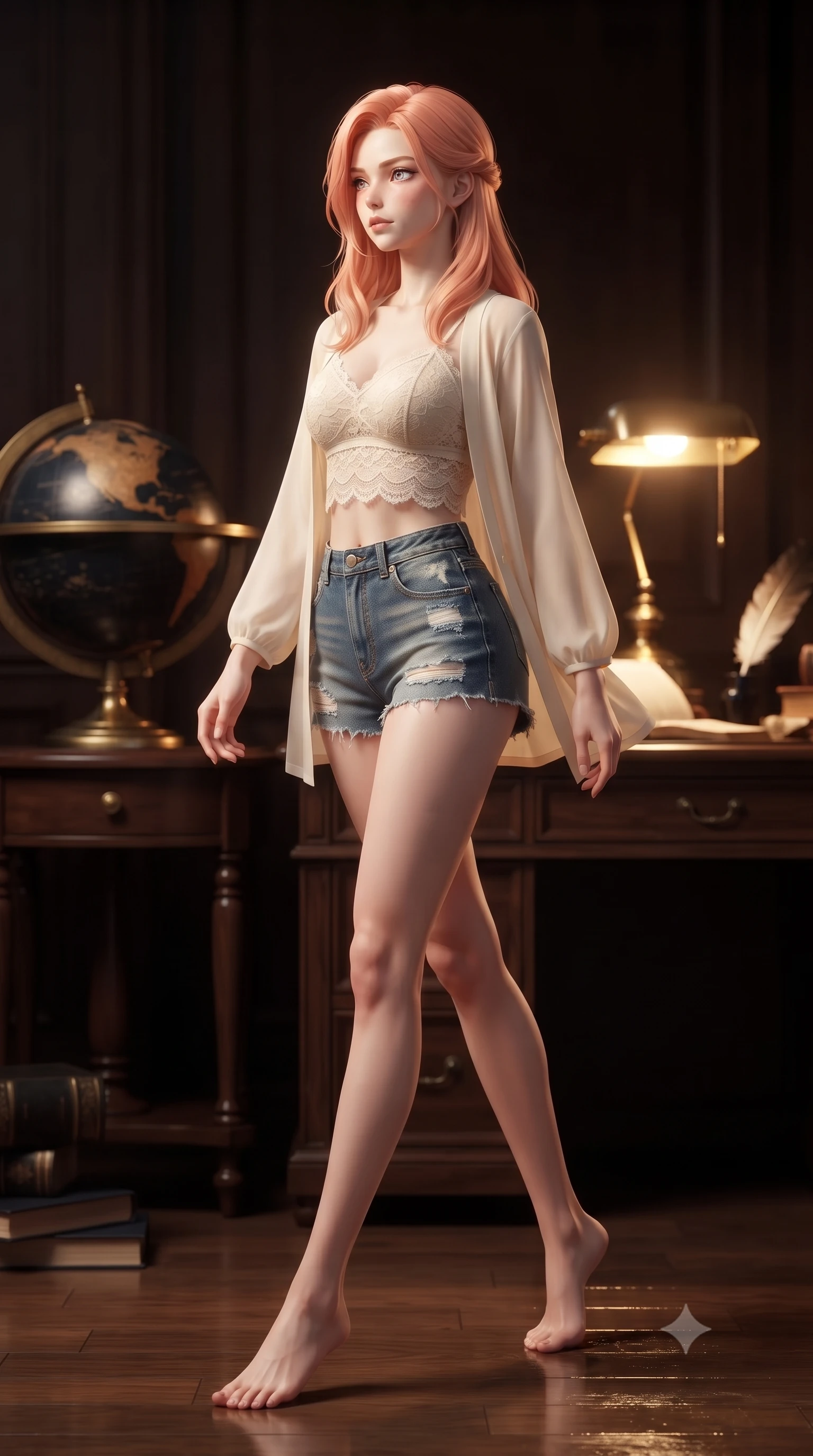 score_9, masterpiece, best quality, ultra-detailed, high-budget anime keyframe, editorial fashion photography, tasteful artistic composition, Japanese woman. low angle full-body shot from head to toe showing her feet, filling the entire 9:16 vertical frame with her statuesque presence, stretching her vertical silhouette. stepping gracefully while looking back over her shoulder, her dress draped tightly to reveal her silhouette the background shows a soft-focus a private velvet study with vintage globe, dark oak desk, and quill manuscripts. She has an absolutely perfect, statuesque 8.5-heads proportion, an exceptionally tall and slender model-like female figure with impossibly long slender legs and an ultra-slim waist. sharp v-shaped jawline, high-bridge nose, intricate jewel-like eyes with depth, thick eyelashes, glossy lips with a natural sheen. wearing a body-hugging delicate lace crop top in cream, worn under a semi-opaque chiffon cardigan and denim shorts. warm desk lamp light casting cozy, nostalgic shadows on the oak surface. ultra-reflective glossy finish, specular highlights, metallic sheen, high-contrast stereoscopic depth, volumetric dynamic lighting, 2k, ultra detail, master piece, 9:16 ratio