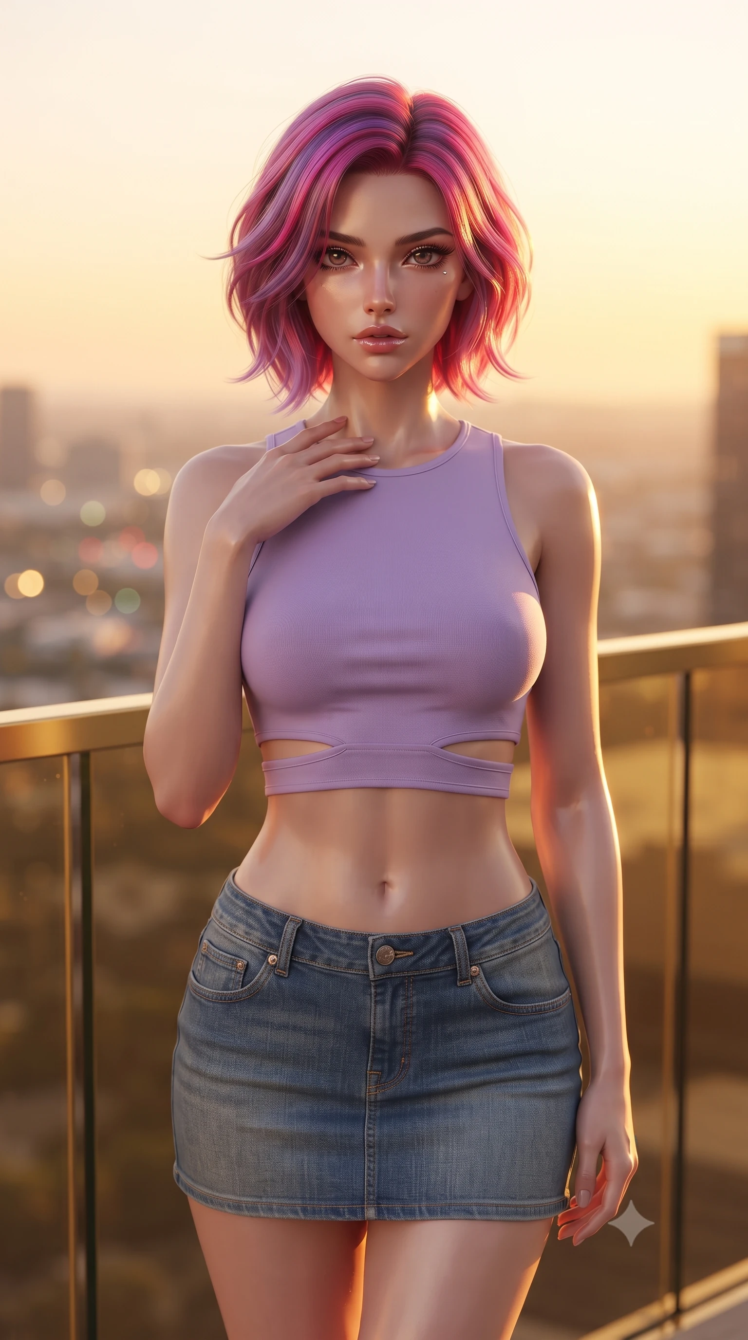 score_9, masterpiece, best quality, ultra-detailed, high-budget anime keyframe, editorial fashion photography, tasteful artistic composition, Caucasian woman. close-up cowboy shot from the waist and thighs up, the character dominates the composition, filling the frame with her large presence, background elements kept in soft focus. standing with one hand resting on her collarbone, looking at the viewer with bedroom-eyes the background shows a soft-focus a luxury hotel penthouse balcony with gold glass panels showing city lights. She has an exceptionally elegant, slender, and willowy female figure with an ultra-slim waist, a gracefully sculpted slender torso, and a refined silhouette. sharp v-shaped jawline, high-bridge nose, intricate jewel-like eyes with depth, thick eyelashes, glossy lips with a natural sheen. wearing a body-hugging modern crop top in lavender cotton paired with a low-rise denim skirt and a subtle waist cut-out. soft golden hour sunset glow painting the room in a romantic wash. ultra-reflective glossy finish, specular highlights, metallic sheen, high-contrast stereoscopic depth, volumetric dynamic lighting, 2k, ultra detail, master piece, 9:16 ratio