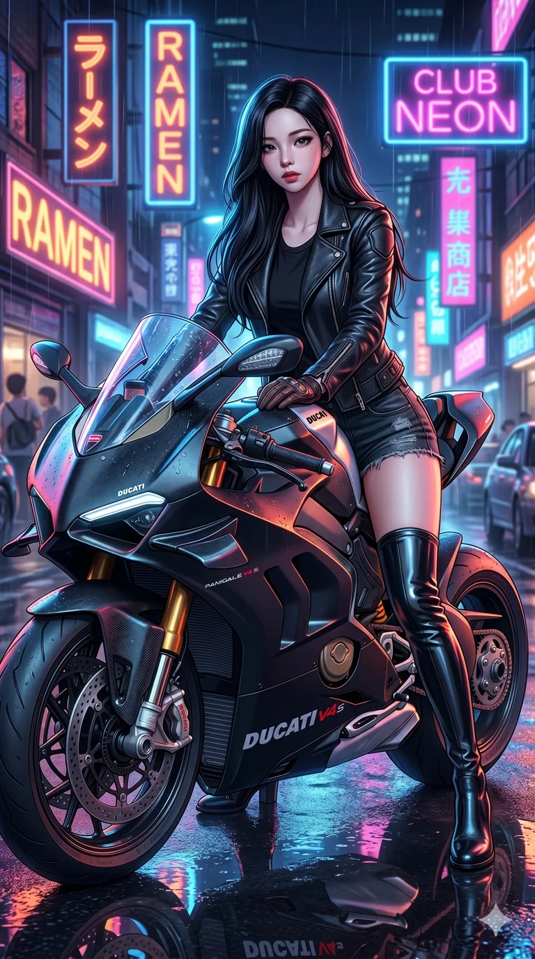 score_9, score_8_up, score_7_up, source_anime, masterpiece, best quality, ultra-detailed, same character with long black hair, wearing a tight black leather biker jacket and denim short shorts, sitting on a high-end sport motorcycle under neon street lights at night, wet asphalt, 2k, ultra detail, master piece, 9:16 ratio