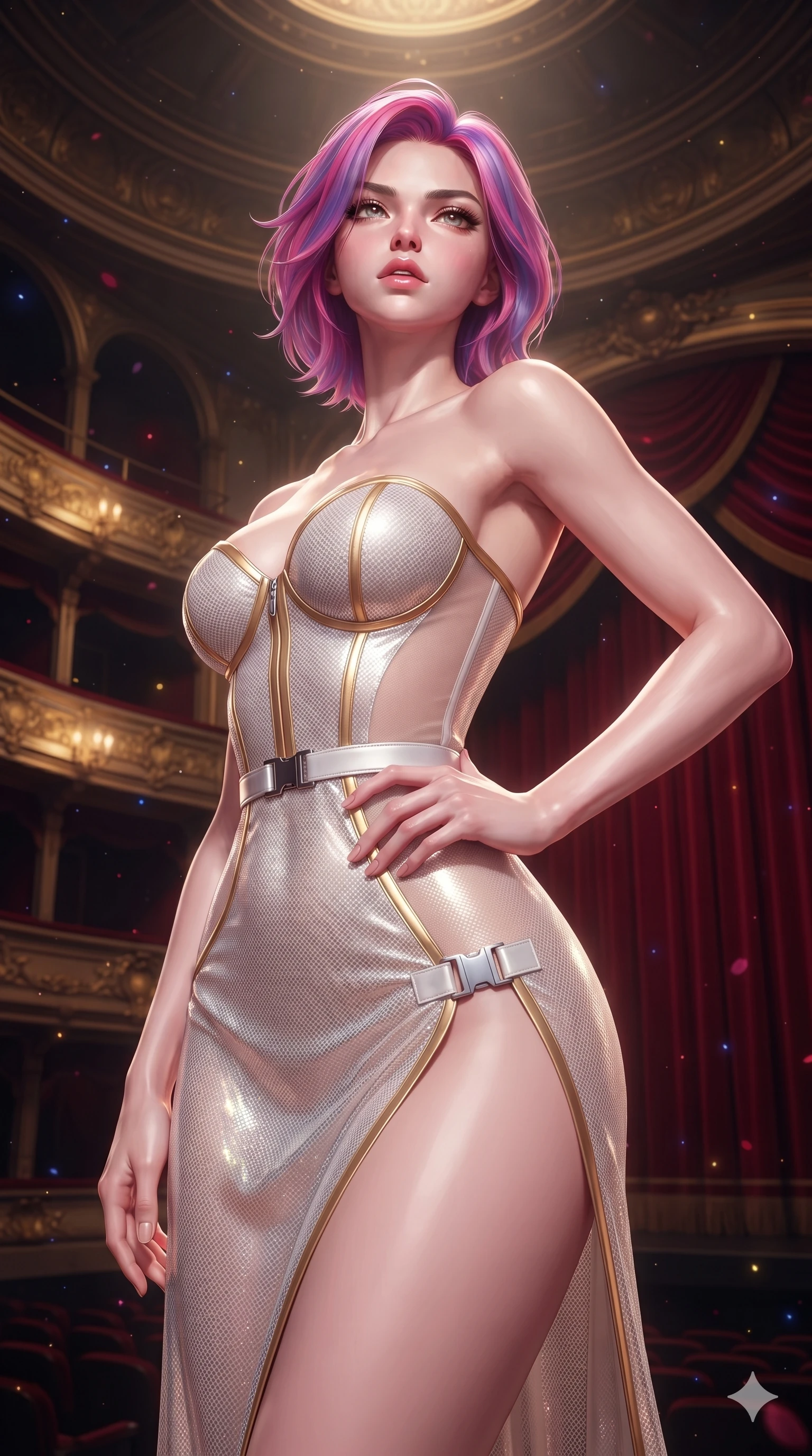 score_9, masterpiece, best quality, ultra-detailed, high-budget anime keyframe, semi-realistic 3D game render, editorial fashion photography, tasteful artistic composition, Caucasian woman. close-up cowboy shot from the waist and thighs up, the character dominates the composition, filling the frame with her large presence. tilting her chin up with proud, sovereign allure while gazing through thick eyelashes, one hand resting on her waist in pure supermodel charisma while twisting her slender torso in an alluring contrapposto stance, dramatic stage spotlights wrapping around her narrow waist and curvy hips with anime flair. The composition keeps background elements in soft focus with creamy bokeh: tiered gilded opera tiers rising into the shadowed dome, monumental crimson velvet curtains, and floating stage dust motes blurred into ruby, gold, and indigo bokeh. She has an exceptionally elegant, slender, and willowy female figure with an ultra-slim waist, flat toned midriff, narrow ribcage, and sculpted feminine hips creating an alluring, slim hourglass silhouette without bulk. sharp v-shaped jawline, high-bridge nose, intricate jewel-like eyes with depth, thick eyelashes, glossy parted lips with a natural sheen, intensely captivating and seductive bedroom-eyes expression, flawlessly proportioned anatomical accuracy, strict slender model proportions, natural body alignment, perfectly sculpted long slender limbs, ultra-slim waistline, clean dynamic posture without body distortion. wearing a form-fitting corseted satin bustier evening gown with sheer side waist panels and dramatic leg slit in pure alabaster white and sun-kissed gold, crafted from stretch micro-mesh with liquid foil coating that shimmers with every movement, finished with sleek magnetic buckle closures fluttering in the breeze, the high-slit wrap tailoring accentuating her ultra-slim waistline and the enchanting curve of her feminine hips with alluring seductive charm. illuminated by crisp directional theatrical spotlights sharply defining her sculpted collarbones, ultra-slim waist, and curvy hips. highly saturated vibrant anime colors, detailed shading with soft gradients, rich glossy textures, high-contrast stereoscopic depth, volumetric dynamic lighting, master piece, 9:16 ratio
