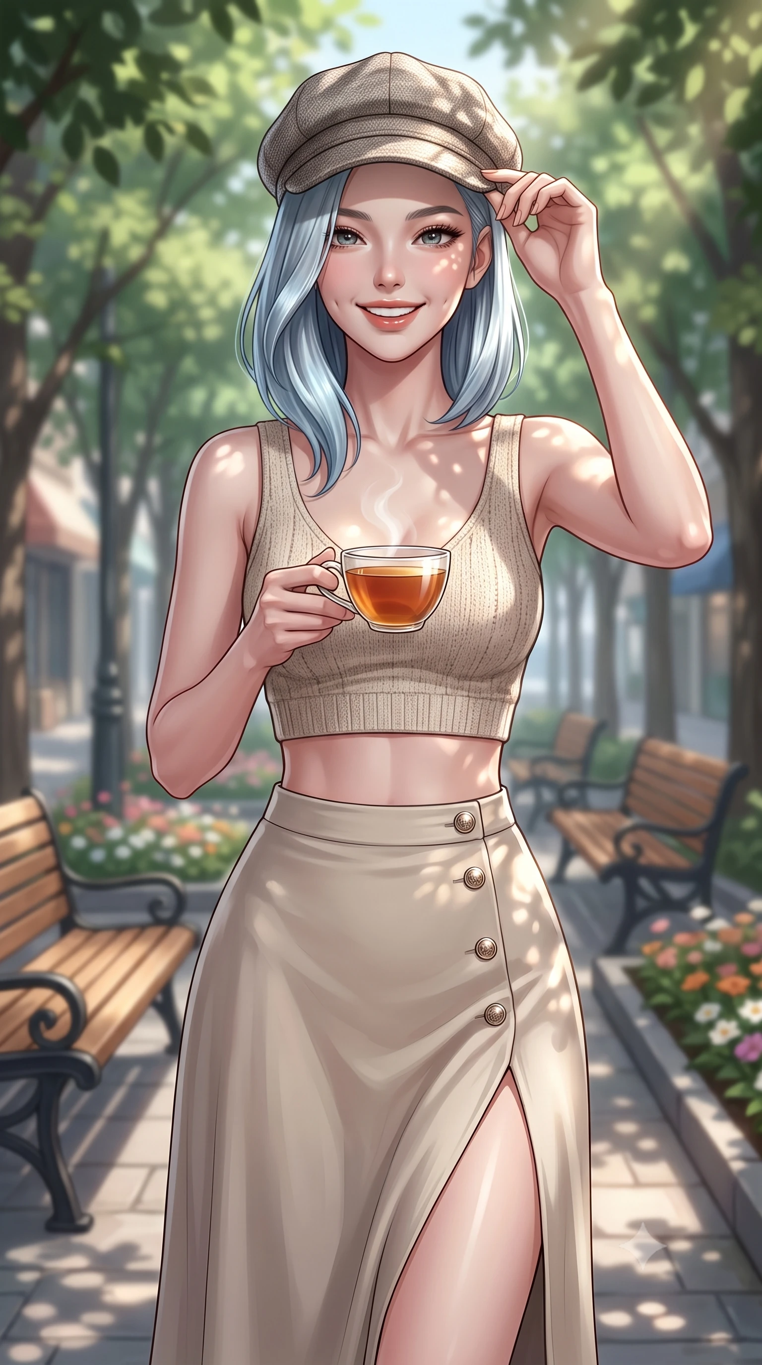 score_9, masterpiece, best quality, ultra-detailed, high-budget anime keyframe, editorial fashion photography, tasteful artistic composition, Korean woman. close-up cowboy shot from the waist and thighs up, the character dominates the composition, filling the frame with her large presence, background elements kept in soft focus. smiling with soft, cute dimples, holding a warm cup of tea with both hands set against a soft-focus background of on a leafy shopping avenue with wooden benches and flower beds adjusting her stylish hat with a bright, confident smile. She has an exceptionally elegant, slender, and willowy female figure with an ultra-slim waist, a gracefully sculpted slender torso, and a refined silhouette. sharp v-shaped jawline, high-bridge nose, intricate jewel-like eyes with depth, thick eyelashes, glossy lips with a natural sheen. wearing tailored crop top in oatmeal knit paired with a flowy midi skirt featuring a high side slit. dappled sunlight filtering through the street trees, casting soft shadows. ultra-reflective glossy finish, specular highlights, metallic sheen, high-contrast stereoscopic depth, volumetric dynamic lighting, 2k, ultra detail, master piece, 9:16 ratio