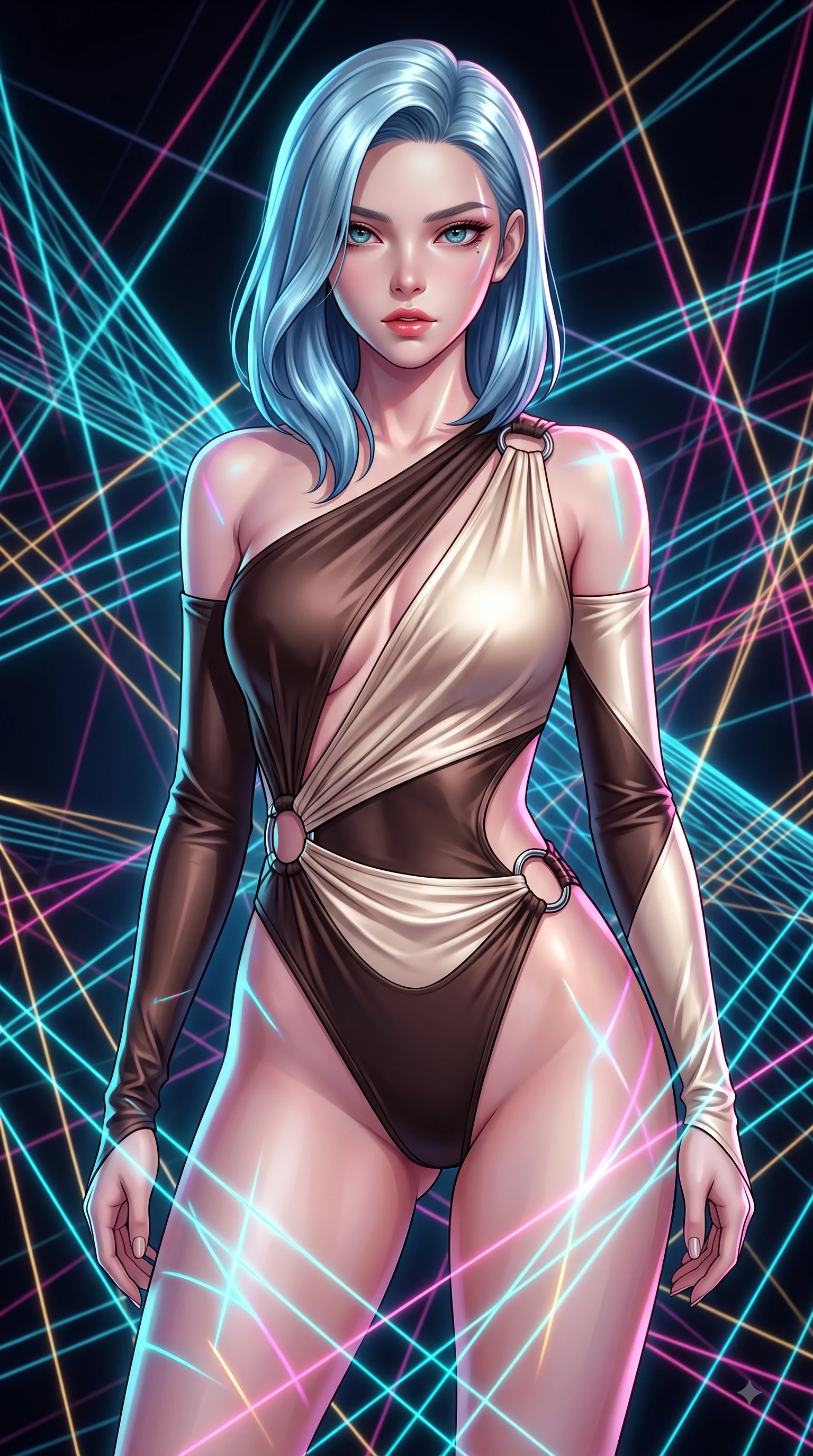 score_9, masterpiece, best quality, ultra-detailed, high-budget anime keyframe, editorial fashion photography, tasteful artistic composition, Korean woman. close-up cowboy shot from the waist and thighs up, the character dominates the composition, filling the frame with her large presence, background elements kept in soft focus. Leaning forward gracefully with lips parted, casting a smoldering magnetic gaze directly into the lens while standing in a dark void woven with thousands of cyan and gold light threads in a seductive pose, fluorescent cyan, magenta, and gold light threads crossing in 3D space. She has an exceptionally elegant, slender, and willowy female figure with an ultra-slim waist, a gracefully sculpted slender torso, and a refined silhouette. sharp v-shaped jawline, high-bridge nose, intricate jewel-like eyes with depth, thick eyelashes, glossy lips with a natural sheen, flawlessly proportioned anatomical accuracy, natural body alignment, perfectly sculpted elegant limbs, clean dynamic posture without body distortion. wearing an asymmetrical high-cut tech-bodysuit with detached sleeves in espresso brown and warm cream, crafted from lustrous satin jersey with fluid draping, accented with delicate chrome ring hardware framing her waist, the form-contouring material highlighting her ultra-slim waist and long lines. bathed in sharp geometric laser grid highlights and soft ambient fill. highly saturated vibrant anime colors, detailed shading with soft gradients, rich glossy textures, high-contrast stereoscopic depth, volumetric dynamic lighting, master piece, 9:16 ratio