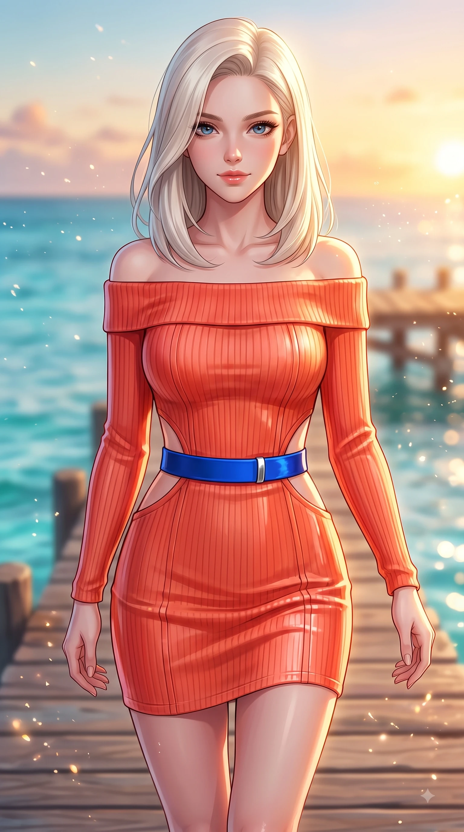 score_9, masterpiece, best quality, ultra-detailed, high-budget anime keyframe, editorial fashion photography, tasteful artistic composition, Caucasian woman. close-up cowboy shot from the waist and thighs up, the character dominates the composition, filling the frame with her large presence. Airy, translucent innocence with a soft subtle smile and a clear, pristine gaze into the lens while walking dynamically along a wooden pier over crystal turquoise ocean waters. The composition keeps background elements in soft focus with dreamy bokeh. sea spray mist particles scattering warm sunset light into a soft backdrop. She has an exceptionally elegant, slender, and willowy female figure with an ultra-slim waist, a gracefully sculpted slender torso, and a refined silhouette. sharp v-shaped jawline, high-bridge nose, intricate jewel-like eyes with depth, thick eyelashes, glossy lips with a natural sheen, flawlessly proportioned anatomical accuracy, natural body alignment, perfectly sculpted elegant limbs, clean dynamic posture without body distortion. wearing a bold coral orange off-shoulder ribbed knit dress with a fitted waist belt in electric cobalt blue and polished silver accent, made of premium stretch velvet with a rich glossy sheen, complemented by clean architectural seams and subtle cutouts, the tailored fit highlighting her statuesque and model-like silhouette. bathed in glorious golden hour sunset backlighting and sparkling ocean refractions. highly saturated vibrant anime colors, detailed shading with soft gradients, rich glossy textures, high-contrast stereoscopic depth, volumetric dynamic lighting, master piece, 9:16 ratio