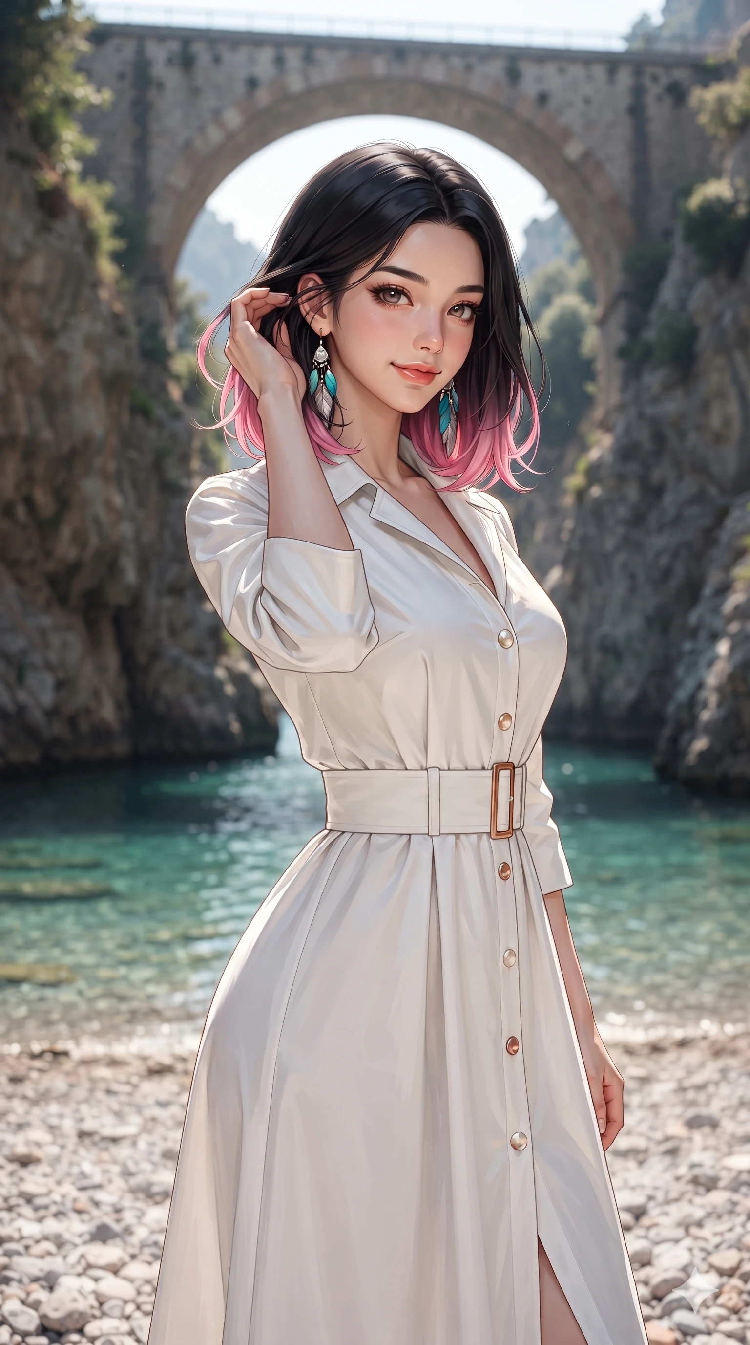 score_9, masterpiece, best quality, ultra-detailed, high-budget anime keyframe, editorial fashion photography, tasteful artistic composition, Korean woman. close-up cowboy shot from the waist and thighs up, the character dominates the composition, filling the frame with her large presence. gently brushing a lock of salt-kissed hair behind her ear while casting a playful, flirtatious side-gaze with long eyelashes while standing poised on the secluded pebble strand of the deep limestone gorge, arching her lower back with supermodel poise as the arched bridge looms high overhead. The background shows a soft-focus secluded Italian fjord atmosphere softened in limestone canyon shallow focus. She has an exceptionally elegant, slender, and willowy female figure with an ultra-slim waist, flat toned midriff, narrow ribcage, and sculpted feminine hips creating an alluring, slim hourglass silhouette without bulk. sharp v-shaped jawline, high-bridge nose, sparkling eyes with hypnotic seductive depth, thick curled eyelashes, glossy parted lips with a natural dewy peach sheen, alluring bedroom-eyes with an enchanting coquettish smile, exuding magnetic siren charisma and sophisticated glamour, flawlessly proportioned anatomical accuracy, strict slender model proportions, natural body alignment, perfectly sculpted long slender limbs, ultra-slim waistline, clean dynamic posture without body distortion. wearing a tailored white cotton poplin resort trench dress with structured waist belt and mother-of-pearl buttons in molten metallic copper and radiant beach sand, tailored from heavy double-faced silk georgette with an exceptionally fluid drape, accented with turquoise and silver bohemian feather earrings swaying near her bare neck, the bespoke structured tailoring following the natural line of her 8.5-heads silhouette with refined elegance. bathed in the dramatic natural spotlight of midday sun cutting down between steep limestone canyon walls into clear turquoise water. ultra-reflective glossy finish, specular highlights, rich textural contrasts, high-contrast stereoscopic depth, volumetric dynamic lighting, 2k, ultra detail, master piece, 9:16 ratio