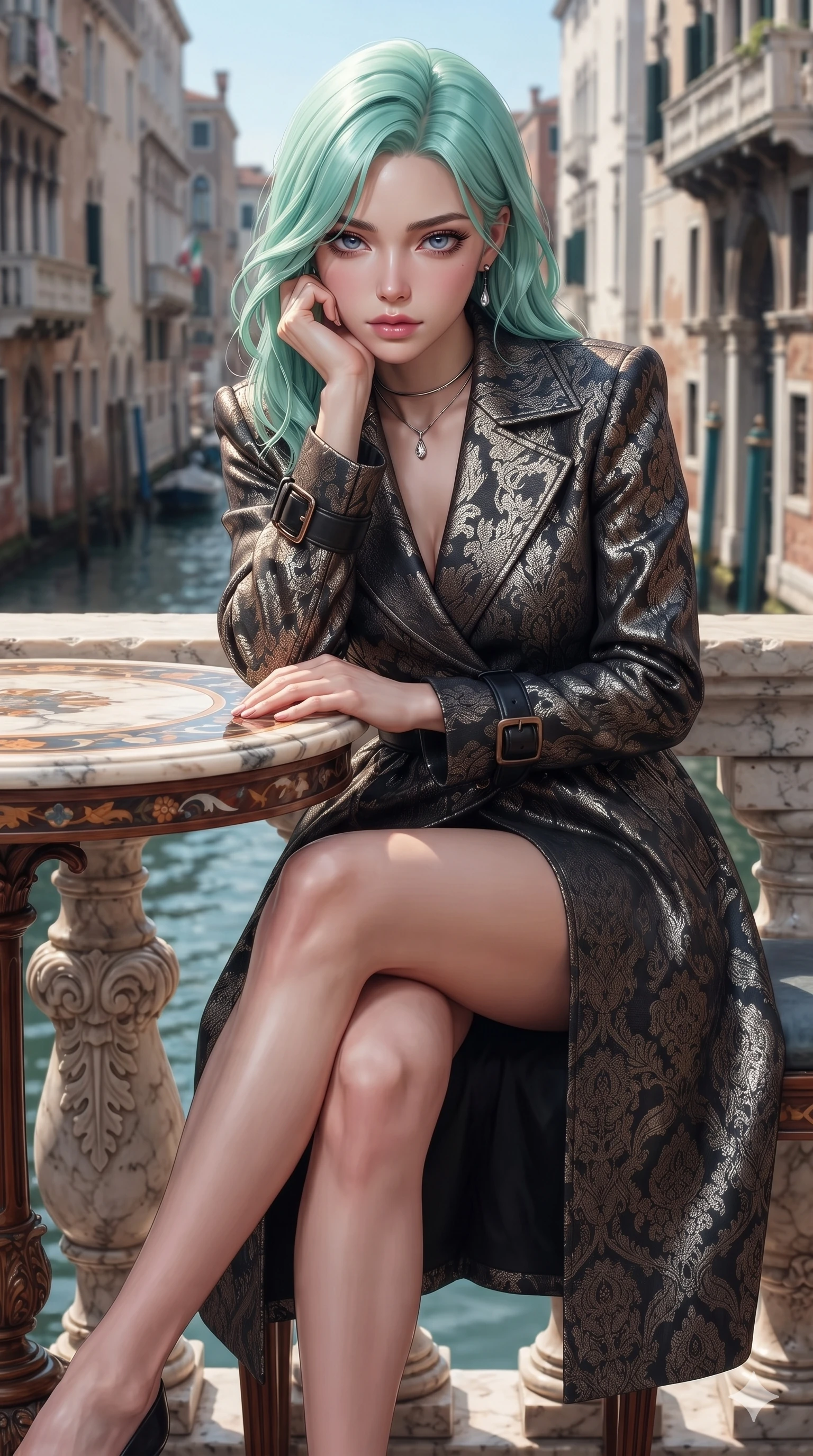 score_9, masterpiece, best quality, ultra-detailed, high-budget anime keyframe, editorial fashion photography, tasteful artistic composition, Japanese woman. close-up cowboy shot from the waist and thighs up, the character dominates the composition, filling the frame with her large presence. resting one elbow on the table and supporting her chin, leaning close to the camera with heavy-lidded sparkling eyes and parted lips while sitting perched on the carved marble balustrade with legs crossed, her long slender limbs and statuesque 8.5-heads silhouette commanding the water gate. The surrounding environment is rendered in vivid detail and crisp panoramic clarity: detailed dress tailoring, liquid-tight fit, and ancient Venetian engineering in razor-sharp precision. She has an exceptionally elegant, slender, and willowy female figure with an ultra-slim waist, flat toned midriff, narrow ribcage, and sculpted feminine hips creating an alluring, slim hourglass silhouette without bulk. sharp v-shaped jawline, high-bridge nose, intricate jewel-like eyes with depth, thick eyelashes, glossy parted lips with a natural sheen, intensely captivating and seductive bedroom-eyes expression, flawlessly proportioned anatomical accuracy, strict slender model proportions, natural body alignment, perfectly sculpted long slender limbs, ultra-slim waistline, clean dynamic posture without body distortion. wearing an architectural evening trench coat in metallic jacquard with structured shoulders and horn buckle cuffs in dark onyx black and molten platinum, crafted from bespoke double-faced cashmere with an exceptionally soft tactile finish, finished with a minimalist chrome choker and a single teardrop diamond pendant, the bespoke structured tailoring following the natural line of her 8.5-heads silhouette with refined elegance. illuminated by water reflection bounce and sharp cyan-amber rim lights defining her jawline, narrow waist, and curvy hips. ultra-reflective glossy finish, specular highlights, rich textural contrasts, high-contrast stereoscopic depth, volumetric dynamic lighting, 2k, ultra detail, master piece, 9:16 ratio