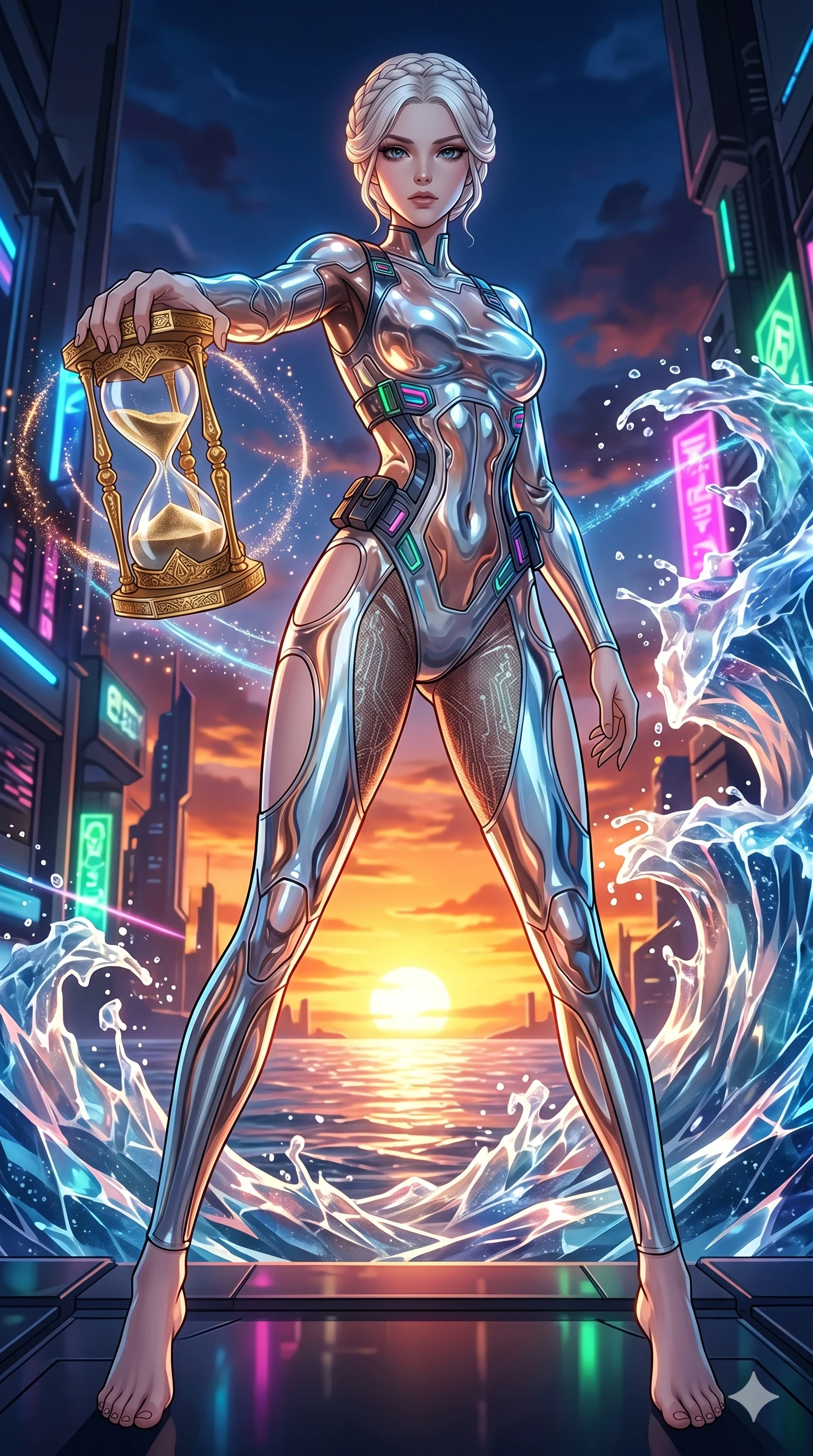 score_9, masterpiece, best quality, ultra-detailed, High-budget Anime Keyframe, vibrant colors, fluid line-art, expressive lighting, cinematic composition, Ufotable-style visual effects, top-tier animation quality, Caucasian woman with pale skin, blonde hair, and (strictly human ears). Dramatic low angle looking up at her majestic stature, dominating the vertical space of the composition. Controlling the flow of time itself with an ornate golden hourglass, the world around her slowing to a complete standstill. She has an absolutely perfect 8-heads proportion, an exceptionally tall and slender female figure with impossibly long slender legs and an ultra-slim waist, her statuesque height and towering silhouette dominating the vertical 9:16 frame. Her face is a masterpiece featuring a sharp v-shaped jawline, high-bridge nose, intricate jewel-like eyes with depth, thick eyelashes, and glossy lips with a natural sheen. She is wearing a Molten metal-look bodysuit with daring cut-outs and a high-cut silhouette crafted from Transparent PVC with a high-gloss finish that reveals the intricate layers beneath, with integrated neon-lit tactical gear and suggestive cutouts on the thighs. The scene is set in a vibrant sunset over a futuristic crystalline ocean with waves made of liquid light, illuminated by harsh neon light and deep shadows creating a high-contrast noir aesthetic. 2k, ultra detail, master piece, 9:16 ratio