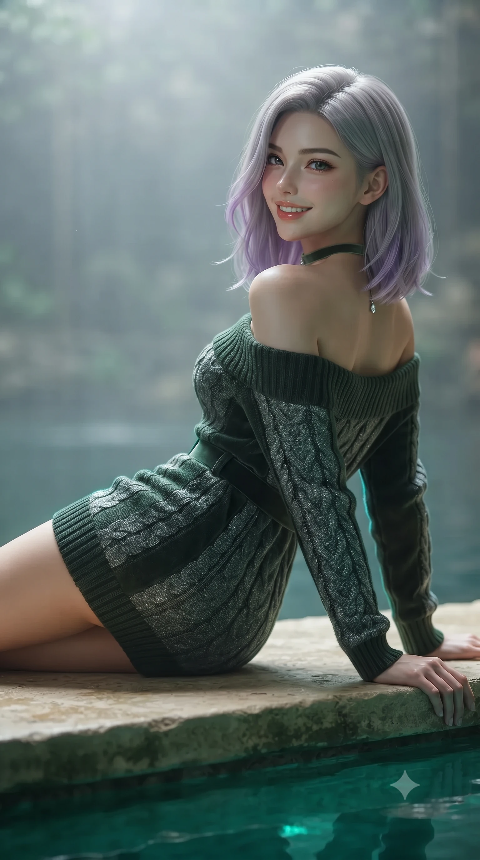 score_9, masterpiece, best quality, ultra-detailed, high-budget anime keyframe, editorial fashion photography, tasteful artistic composition, Caucasian woman. close-up cowboy shot from the waist and thighs up, the character dominates the composition, filling the frame with her large presence. posing in an alluring rear three-quarter angle, looking over a bare shoulder with parted glossy lips, her hips cocked back to highlight her slim hourglass curve while reclining gracefully across the flat limestone ledge propped on one elbow with legs extended, displaying her long slender limbs and statuesque hourglass silhouette in the sacred sanctuary. The background shows a soft-focus gentle mineral water vapor softened in ancient Mayan sacred cenote shallow focus. She has an exceptionally elegant, slender, and willowy female figure with an ultra-slim waist, flat toned midriff, narrow ribcage, and sculpted feminine hips creating an alluring, slim hourglass silhouette without bulk. sharp v-shaped jawline, high-bridge nose, intricate jewel-like sparkling eyes with depth, thick eyelashes, glossy parted lips with a natural peach sheen, bright cheerful beaming smile with an enchanting and coquettish sensual glint, exuding both youthful cute charm and seductive allure, flawlessly proportioned anatomical accuracy, strict slender model proportions, natural body alignment, perfectly sculpted long slender limbs, ultra-slim waistline, clean dynamic posture without body distortion. wearing an elegant high-collar Nordic merino wool cable-knit sweater dress with belted waistline in Loch Ness deep peat moss green and silver starlight, tailored from ultra-plush silk velvet with rich tactile depth and deep shadow gradients, finished with a thin velvet ribbon choker and a single teardrop diamond pendant, the bespoke structured tailoring following the natural line of her 8.5-heads silhouette with refined elegance. illuminated by emerald pool surface specular bounce and sharp gold-cyan dual rim lights sculpting her razor-sharp jawline, narrow waist, and curvy hips. ultra-reflective glossy finish, specular highlights, rich textural contrasts, high-contrast stereoscopic depth, volumetric dynamic lighting, 2k, ultra detail, master piece, 9:16 ratio