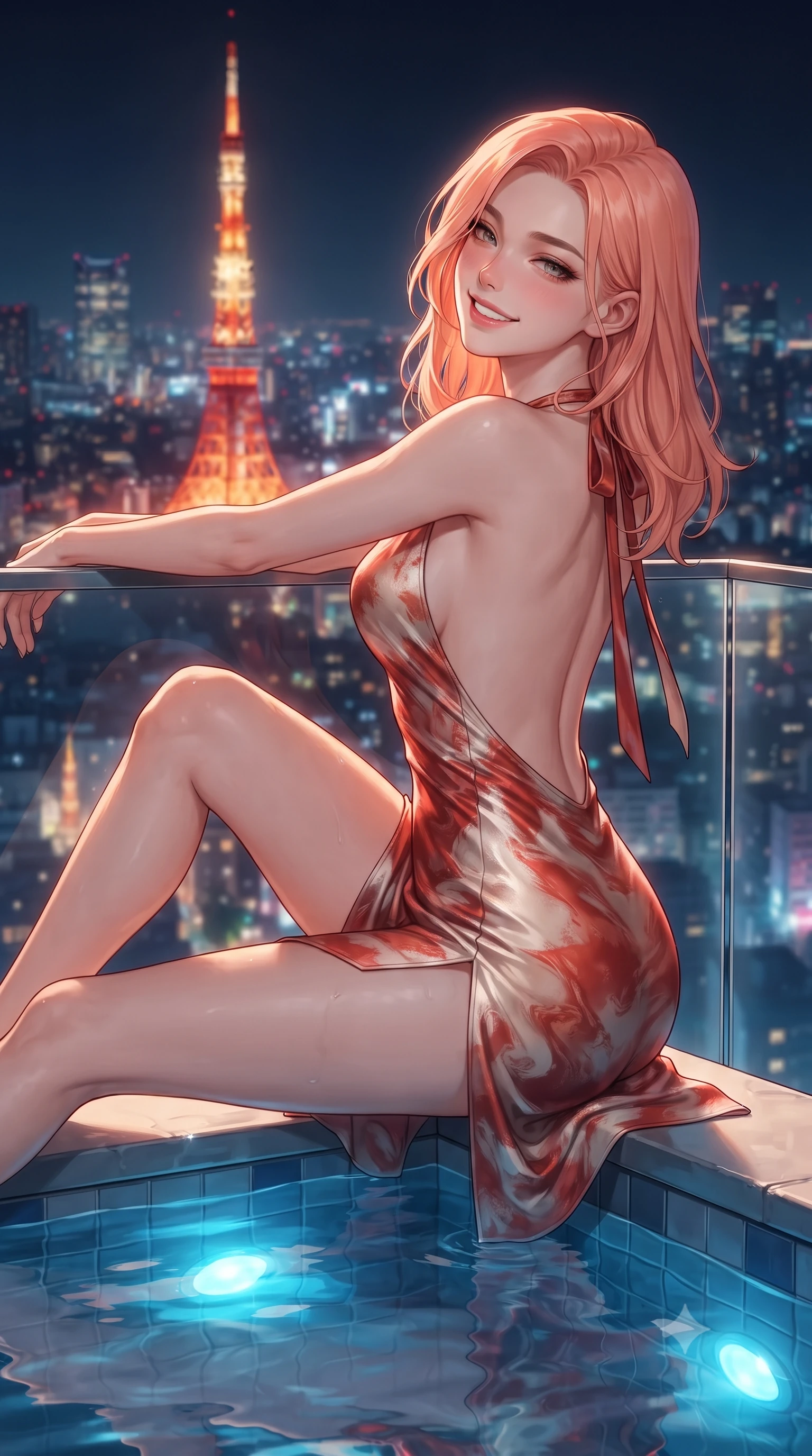 score_9, masterpiece, best quality, ultra-detailed, high-budget anime keyframe, editorial fashion photography, tasteful artistic composition, Japanese woman. close-up cowboy shot from the waist and thighs up, the character dominates the composition, filling the frame with her large presence. leaning back against the balustrade with relaxed seductive grace, head tilted back slightly while casting a hypnotic, heavy-lidded gaze while lounging in the heated water propped on the pool rim with legs extended, her statuesque 8.5-heads silhouette commanding the sprawling urban panorama. The background shows a soft-focus gentle infinity pool ripples softened in billionaire sky penthouse shallow focus. She has an exceptionally elegant, slender, and willowy female figure with an ultra-slim waist, flat toned midriff, narrow ribcage, and sculpted feminine hips creating an alluring, slim hourglass silhouette without bulk. sharp v-shaped jawline, high-bridge nose, intricate jewel-like sparkling eyes with depth, thick eyelashes, glossy parted lips with a natural peach sheen, bright cheerful beaming smile with an enchanting and coquettish sensual glint, exuding both youthful cute charm and seductive allure, flawlessly proportioned anatomical accuracy, strict slender model proportions, natural body alignment, perfectly sculpted long slender limbs, ultra-slim waistline, clean dynamic posture without body distortion. wearing a provocative backless halterneck silk lamé mini dress with deep scoop back down to her lower spine and thigh-high slit in Cordoba vermilion red and ivory alabaster marble, woven from buttery-soft stretch lambskin leather adhering to her body like a second skin, finished with satin ribbon ties at the shoulders fluttering in the gentle breeze, the high-slit wrap tailoring accentuating her ultra-slim waistline and the enchanting curve of her feminine hips with alluring seductive charm. bathed in the dynamic warm glow of Tokyo Tower combined with underwater pool sapphire LEDs and warm 2800K deck spotlights. ultra-reflective glossy finish, specular highlights, rich textural contrasts, high-contrast stereoscopic depth, volumetric dynamic lighting, 2k, ultra detail, master piece, 9:16 ratio