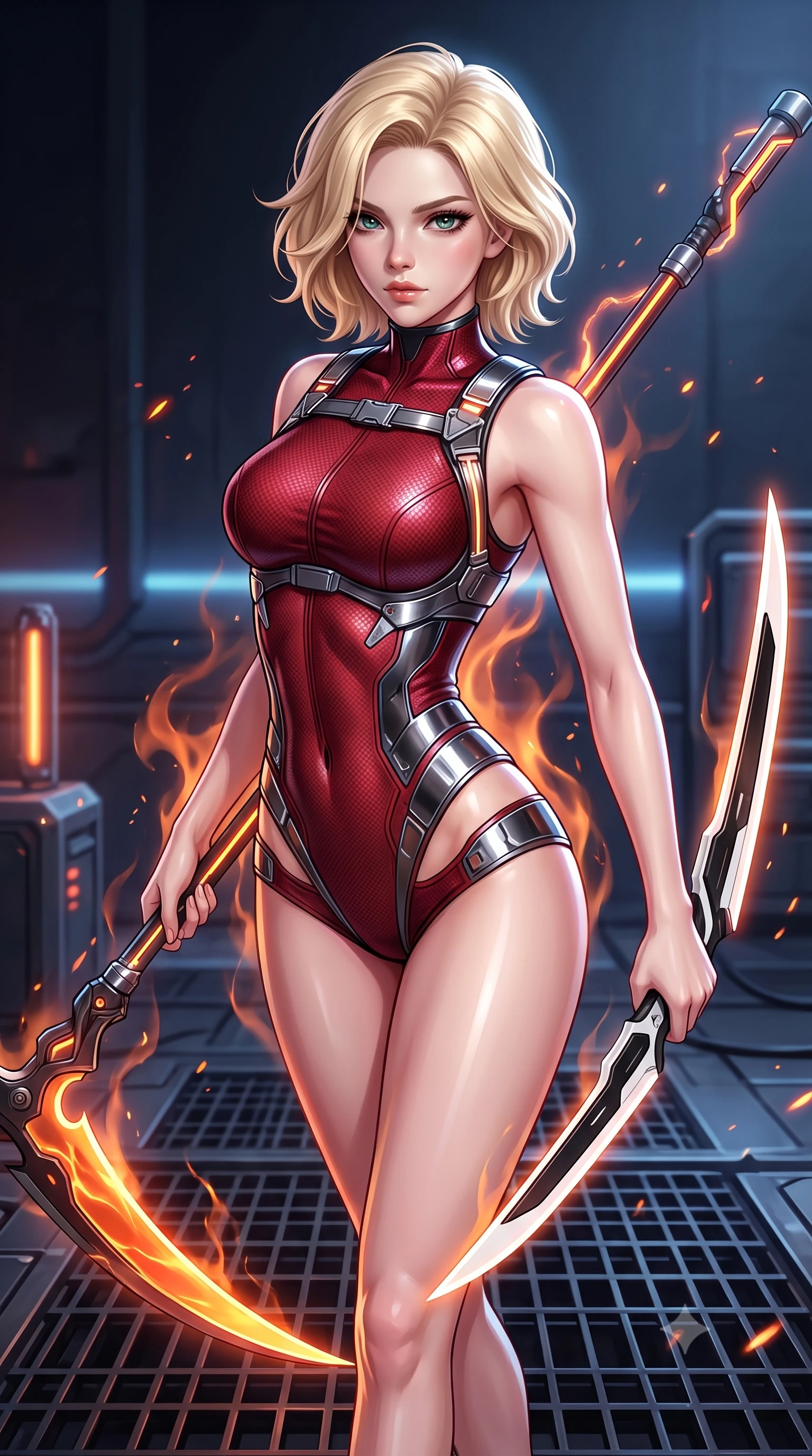score_9, masterpiece, best quality, ultra-detailed, high-budget anime keyframe, semi-realistic 3D game render, editorial fashion photography, tasteful artistic composition, Caucasian woman. close-up cowboy shot from the waist and thighs up, the character dominates the composition, filling the frame with her large presence. twisting her upper body in a dynamic S-curve combat stance, one hand steadying her weapon with commanding supermodel allure while arching her spine in a fluid stretch as rising heat waves and orange embers swirl around her sculpted silhouette. The surrounding environment is rendered in vivid detail and crisp panoramic clarity. razor-sharp molten plasma scythe blade curvature, glowing energy conduits along the staff, and iron grating in deep focus. She has an exceptionally elegant, slender, and willowy female figure with an ultra-slim waist, a gracefully sculpted slender torso, toned flat midriff, and a refined slim silhouette. sharp v-shaped jawline, high-bridge nose, intricate jewel-like eyes with depth, thick eyelashes, glossy lips with a natural sheen, flawlessly proportioned anatomical accuracy, strict slender model proportions, natural body alignment, perfectly sculpted long slender limbs, ultra-slim waistline, clean dynamic posture without body distortion. wearing a skin-tight crimson carbon-weave combat leotard with metallic dark chrome plating and hip-accentuating cutouts, holding twin glowing high-frequency vibro-blades with effortless supermodel poise in monochrome white enamel carbon with high-contrast black panels, made of lightweight aerodynamic carbon-titanium alloy with polished edge bevels, reinforced by a sleek titanium tactical harness and glowing micro-energy straps, the liquid-tight tailored fabric emphasizing every curve of her tall, slender model proportions and sculptured silhouette during dynamic movement. illuminated by crisp specular highlights tracing her ultra-slim waist, long legs, and flat midriff. rich saturated anime colors with glowing neon highlights, detailed shading with soft gradients, rich glossy textures, high-contrast stereoscopic depth, volumetric dynamic lighting, master piece, 9:16 ratio