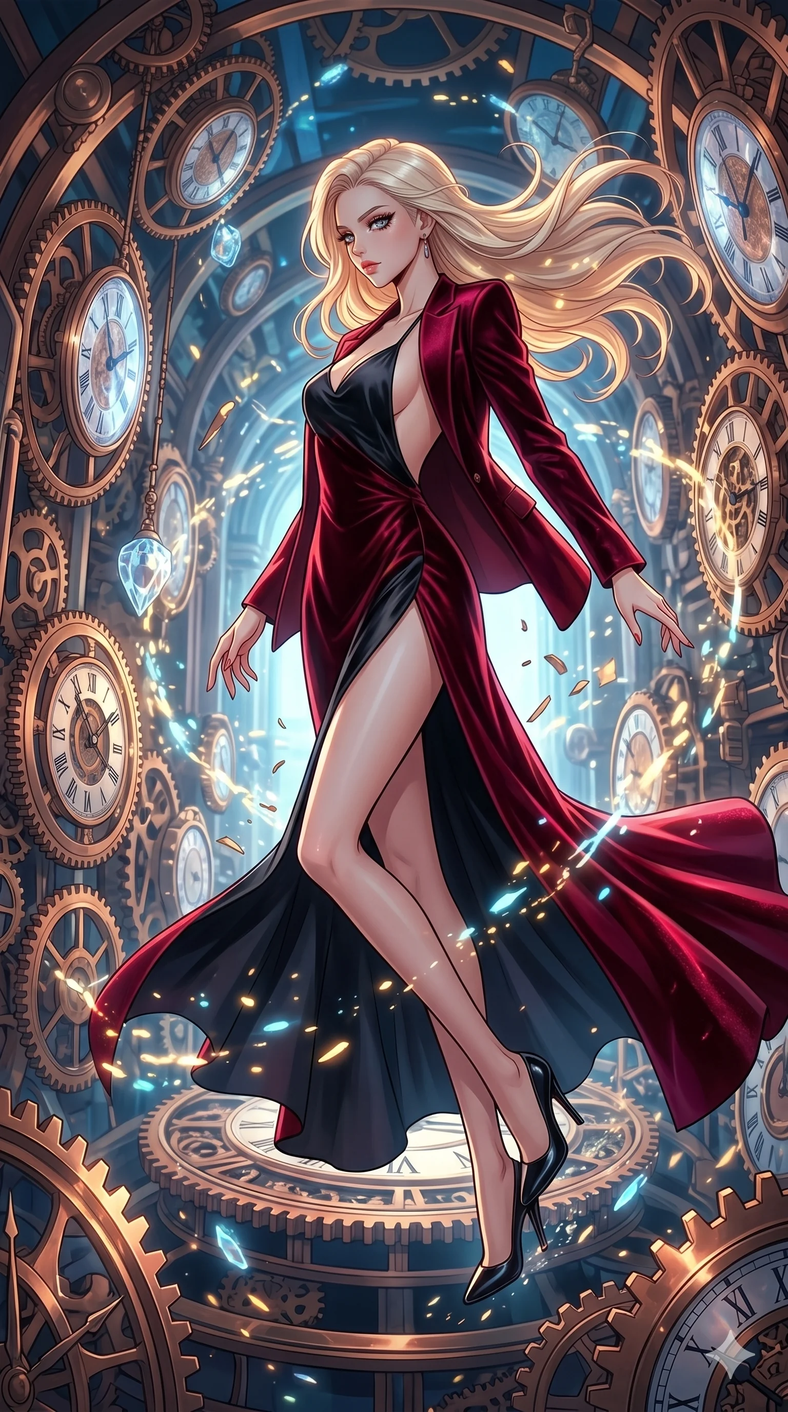 score_9, masterpiece, best quality, ultra-detailed, high-budget anime movie keyframe, cinematic anime lighting, intricate line art, Korean anime girl. Dynamic full-body shot stretching the vertical silhouette with extreme perspective. gliding through a hall of clocks, her motion slowing down time. She has an absolutely perfect 8-heads proportion, an exceptionally tall and slender female figure with an ultra-slim waist and impossibly long slender legs. strictly human anatomy, two legs only, no extra limbs, clearly defined legs and arms, perfect anatomy, perfect hands and fingers. sharp v-shaped jawline, high-bridge nose, intricate jewel-like eyes, thick eyelashes, glossy lips. Wearing High-Fashion Editorial: Silk slip dress with high side slit, backless velvet gown, and structured blazer with nothing underneath. The scene is illuminated by dramatic atmospheric lighting and vibrant color palettes. , 2k, ultra detail, master piece, 9:16 ratio