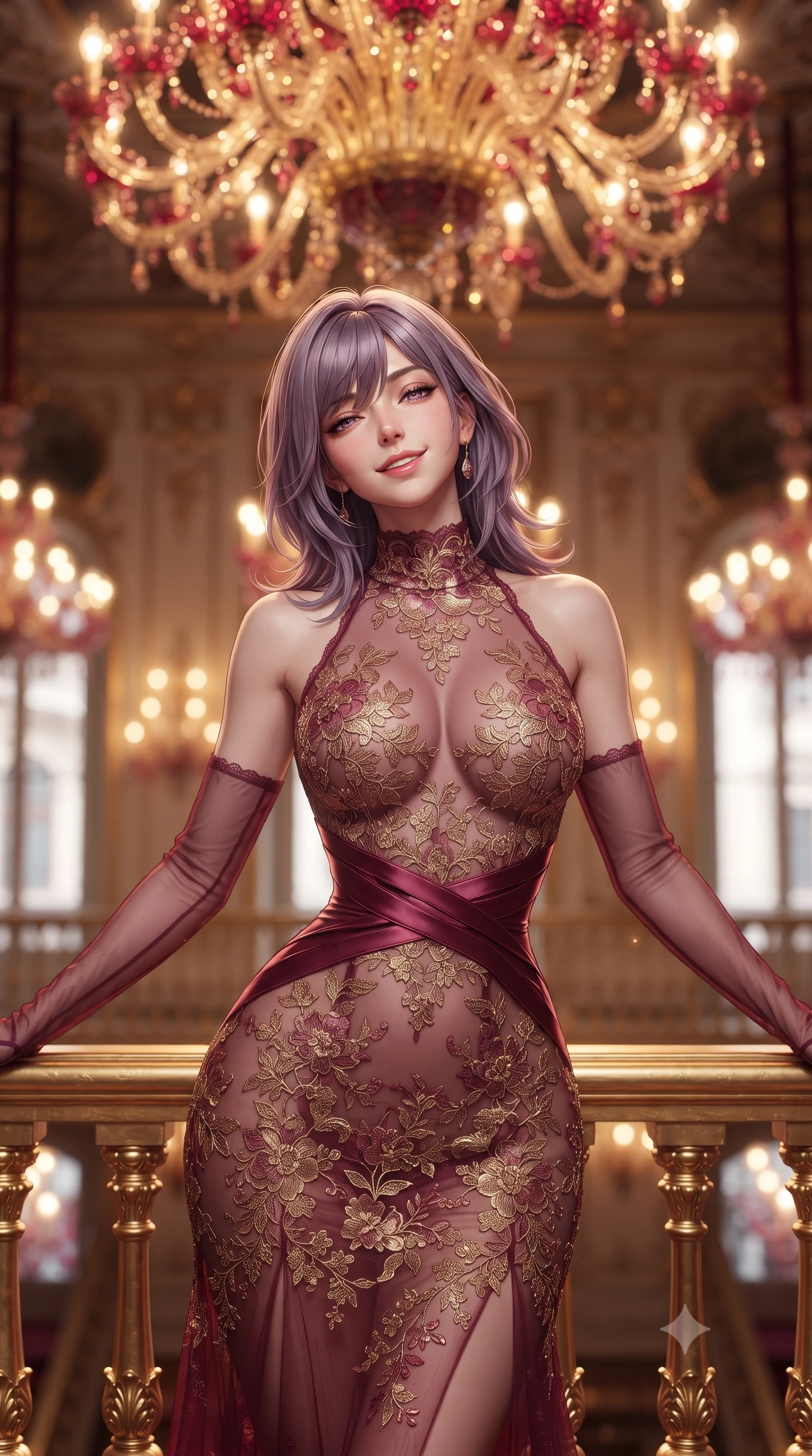 score_9, masterpiece, best quality, ultra-detailed, high-budget anime keyframe, editorial fashion photography, tasteful artistic composition, Japanese woman. close-up cowboy shot from the waist and thighs up, the character dominates the composition, filling the frame with her large presence. leaning back against the balustrade with relaxed seductive grace, head tilted back slightly while casting a hypnotic, heavy-lidded gaze while standing centered in the palatial salon beneath a colossal ruby-and-gold Murano glass chandelier, arching her spine with sovereign supermodel poise. The background shows a soft-focus hundreds of hand-blown Murano glass floral chandelier arms, gilded rococo wall panels, and tall canal windows blurred into ruby, amber, and gold bokeh. She has an exceptionally elegant, slender, and willowy female figure with an ultra-slim waist, flat toned midriff, narrow ribcage, and sculpted feminine hips creating an alluring, slim hourglass silhouette without bulk. sharp v-shaped jawline, high-bridge nose, intricate jewel-like sparkling eyes with depth, thick eyelashes, glossy parted lips with a natural peach sheen, bright cheerful beaming smile with an enchanting and coquettish sensual glint, exuding both youthful cute charm and seductive allure, flawlessly proportioned anatomical accuracy, strict slender model proportions, natural body alignment, perfectly sculpted long slender limbs, ultra-slim waistline, clean dynamic posture without body distortion. wearing a provocative high-neck sheer illusion cocktail dress with liquid satin ribbons contouring her curves in French boudoir bordeaux wine and gilded bronze, made of delicate embroidered tulle lace with intricate floral motifs and soft transparency, complemented by sheer opera-length evening gloves tracing her slender arms, the form-contouring silhouette accentuating her sculpted flat midriff, narrow delicate ribcage, and gracefully curvy hips with intoxicating allure. bathed in the multi-faceted sparkling illumination of the antique Murano chandelier dimmed to a sultry golden glow. ultra-reflective glossy finish, specular highlights, rich textural contrasts, high-contrast stereoscopic depth, volumetric dynamic lighting, 2k, ultra detail, master piece, 9:16 ratio