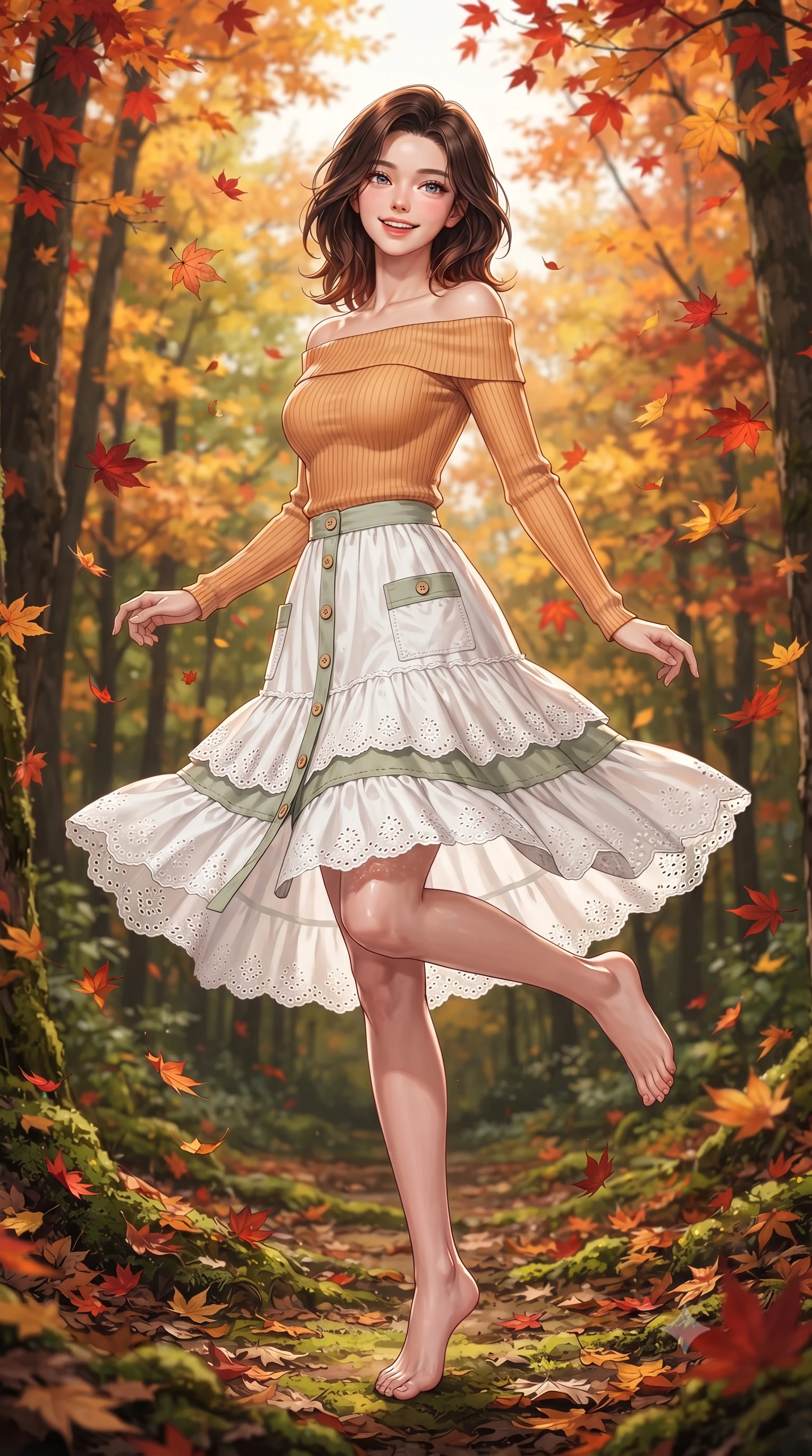 score_9, masterpiece, best quality, ultra-detailed, high-budget anime keyframe, editorial fashion photography, tasteful artistic composition, Korean woman. low angle full-body shot from head to toe showing her feet, filling the entire 9:16 vertical frame with her statuesque presence, stretching her vertical silhouette. standing poised on one leg with a playful hop and joyful expression, her long legs and slender figure highlighted against the landscape while turning gracefully as falling scarlet and amber leaves swirl playfully around her tall, slender silhouette. The surrounding environment is rendered in vivid detail and crisp panoramic clarity. rich autumn chiaroscuro and breathtaking seasonal forest foliage captured with environmental precision. She has an absolutely perfect, statuesque 8.5-heads proportion, an exceptionally tall and slender model-like female figure with impossibly long slender legs, a toned flat midriff, and an ultra-slim waist. sharp v-shaped jawline, high-bridge nose, intricate jewel-like eyes with depth, thick eyelashes, glossy lips with a natural sheen, pure and lovely fresh girlhood expression, flawlessly proportioned anatomical accuracy, strict slender model proportions, natural body alignment, perfectly sculpted long slender limbs, ultra-slim waistline, clean dynamic posture without body distortion. wearing a fresh off-shoulder ribbed knit top paired with a tiered white cotton midi skirt in warm apricot and sage green, woven with delicate eyelet lace and breathable cotton voile, finished with neat natural wooden buttons and patch pocket details, the breezy lightweight fabric fluttering softly against her delicate collarbones, narrow waist, and feminine curves. surrounded by a warm, romantic, and deeply nostalgic autumn sweetheart aura. ultra-reflective glossy finish, specular highlights, rich natural textures, high-contrast stereoscopic depth, volumetric dynamic lighting, 2k, ultra detail, master piece, 9:16 ratio