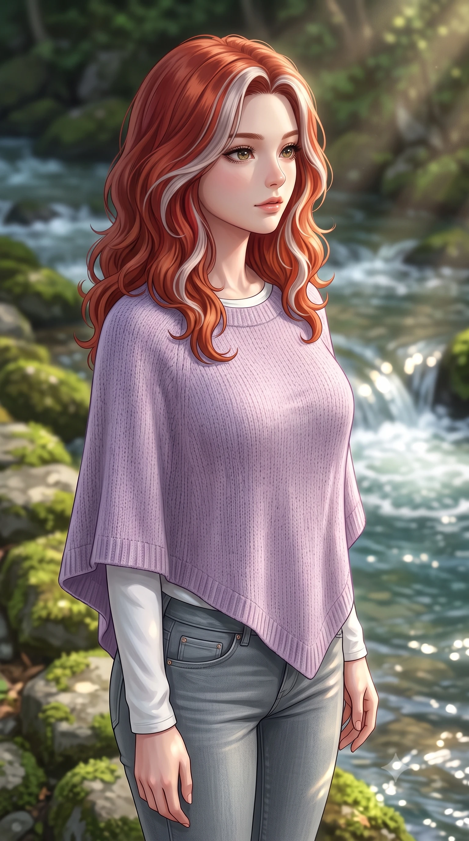 score_9, masterpiece, best quality, ultra-detailed, high-budget anime keyframe, editorial fashion photography, tasteful artistic composition, Caucasian woman woman. close-up cowboy shot from the waist and thighs up, the character dominates the composition, filling the frame with her large presence, background elements kept in soft focus. looking past the camera with a peaceful, thoughtful gaze, enjoying the warm sunlight the background shows a soft-focus a mossy stone bank beside a bubbling forest stream with clear running water. She has an exceptionally elegant, slender, and willowy female figure with an ultra-slim waist, a gracefully sculpted slender torso, and a refined silhouette. sharp v-shaped jawline, high-bridge nose, intricate jewel-like eyes with depth, thick eyelashes, glossy lips with a natural sheen. wearing a form-contouring soft lavender knit poncho over a white long-sleeve tee and grey skinny jeans. dappled sunbeams reflecting off the moving water surface onto her form. 2k, ultra detail, master piece, 9:16 ratio