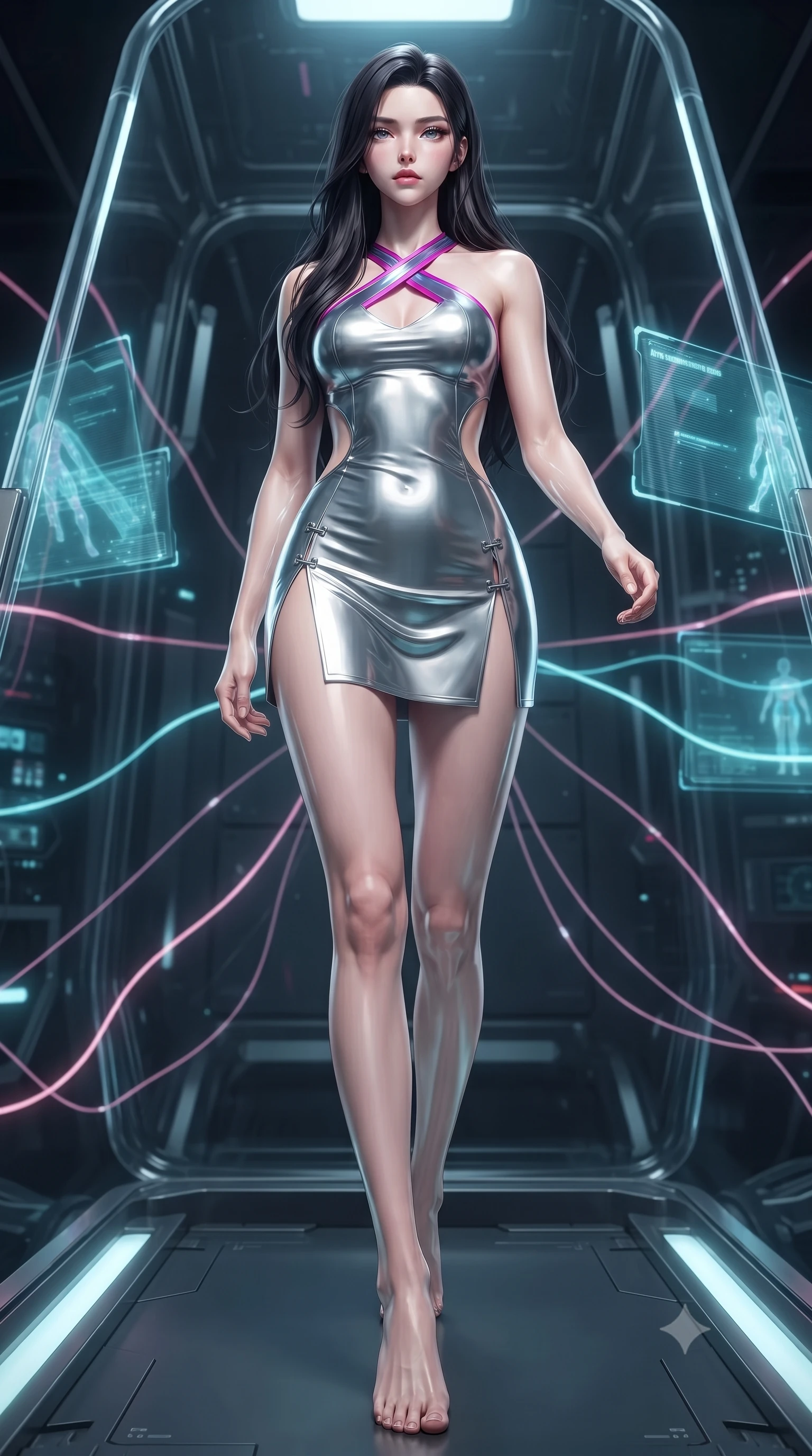 score_9, masterpiece, best quality, ultra-detailed, high-budget anime keyframe, editorial fashion photography, tasteful artistic composition, Korean woman. low angle full-body shot from head to toe showing her feet, filling the entire 9:16 vertical frame with her statuesque presence, stretching her vertical silhouette. striding forward in a proud, statuesque motion with a dangerous smolder, her vertical silhouette dominating the frame from head to toe while reclining weightlessly inside a transparent android cradle as micro-circuit filaments pulse along her limbs. The composition keeps background elements in soft focus with creamy bokeh. pulsating bioluminescent diagnostic lines scattering gentle pink and cyan light across a dark backdrop. She has an absolutely perfect, statuesque 8.5-heads proportion, an exceptionally tall and slender model-like female figure with impossibly long slender legs and an ultra-slim waist. sharp v-shaped jawline, high-bridge nose, intricate jewel-like eyes with depth, thick eyelashes, glossy lips with a natural sheen, flawlessly proportioned anatomical accuracy, natural body alignment, perfectly sculpted elegant limbs, clean dynamic posture without body distortion. wearing a molten silver liquid-metal mini dress featuring deep side-waist cutouts and a daring crossover halter neckline in chromatic platinum and blazing neon magenta, crafted from ultra-reflective second-skin latex with a glass-like polish, finished with an ultra-high side slit secured by miniature magnetic clasps, the liquid-tight fabric adhering flawlessly to her sculpted torso and slender silhouette. illuminated by cool cyan diagnostic holograms and crisp specular highlights on glass. ultra-reflective glossy finish, specular highlights, metallic sheen, high-contrast stereoscopic depth, volumetric dynamic lighting, 2k, ultra detail, master piece, 9:16 ratio