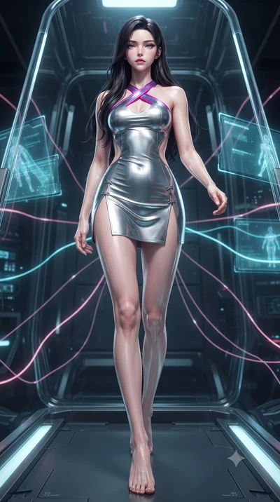 score_9, masterpiece, best quality, ultra-detailed, high-budget anime keyframe, editorial fashion photography, tasteful artistic composition, Korean woman. low angle full-body shot from head to toe showing her feet, filling the entire 9:16 vertical f