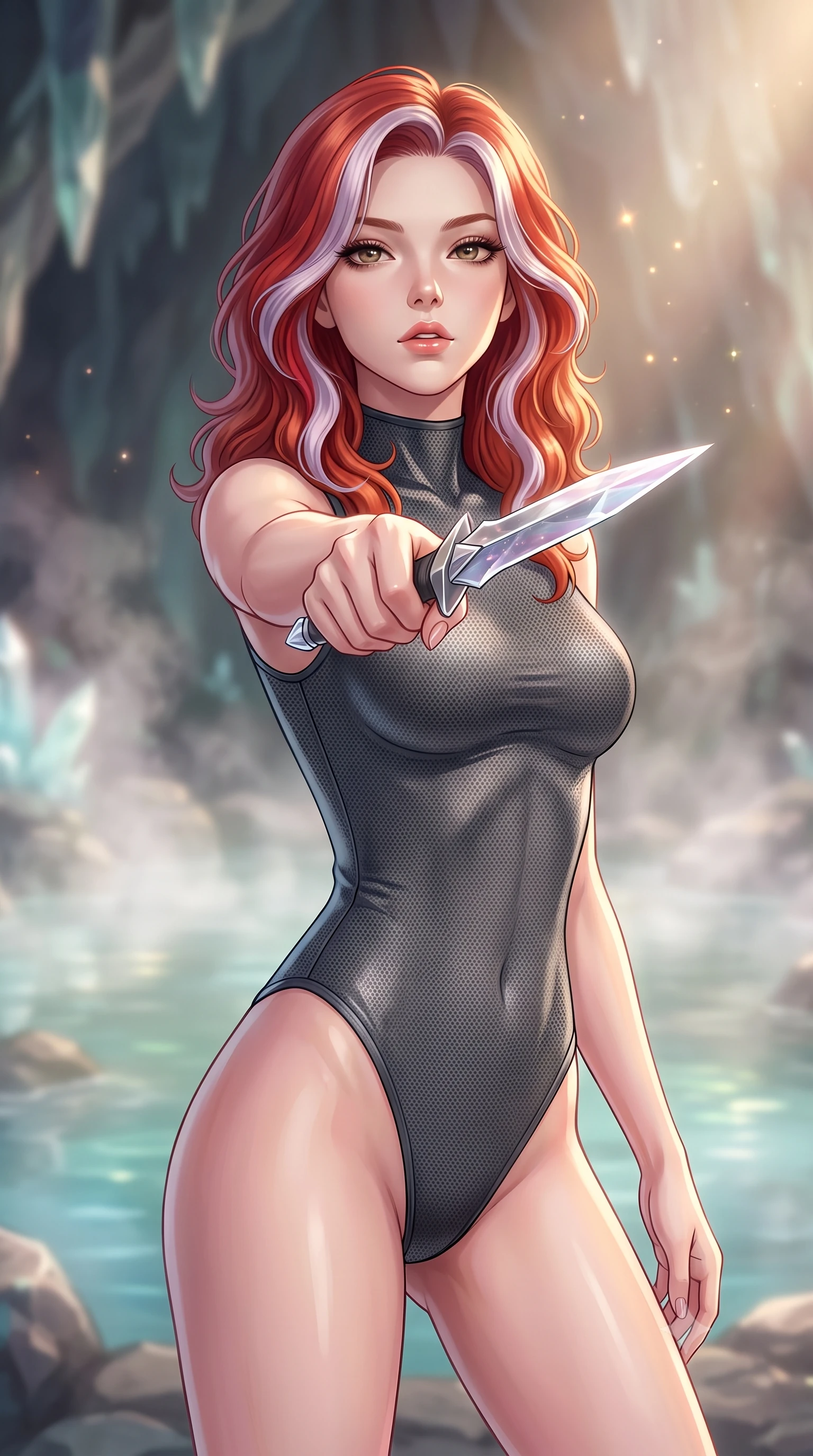 score_9, masterpiece, best quality, ultra-detailed, high-budget anime keyframe, editorial fashion photography, tasteful artistic composition, Caucasian woman. close-up cowboy shot from the waist and thighs up, the character dominates the composition, filling the frame with her large presence, background elements kept in soft focus. pointing a crystal-edged laser dagger forward in a defensive stance, tilting her chin up slightly with lips parted in a composed pose, the background shows a soft-focus a cave hot spring inside a crystal cavern, with mineral steam rising. She has an exceptionally elegant, slender, and willowy female figure with an ultra-slim waist, a gracefully sculpted slender torso, and a refined silhouette. sharp v-shaped jawline, high-bridge nose, intricate jewel-like eyes with depth, thick eyelashes, glossy lips with a natural sheen. wearing a slim-fit form-fitting dark grey nano-mesh bodysuit with a high-neck collar, tracing her slender waist and hips. soft morning mist diffusing the warm starlight, creating a tranquil atmosphere. highly saturated vibrant anime colors, detailed shading with soft gradients, rich glossy textures, high-contrast stereoscopic depth, volumetric dynamic lighting, master piece, 9:16 ratio