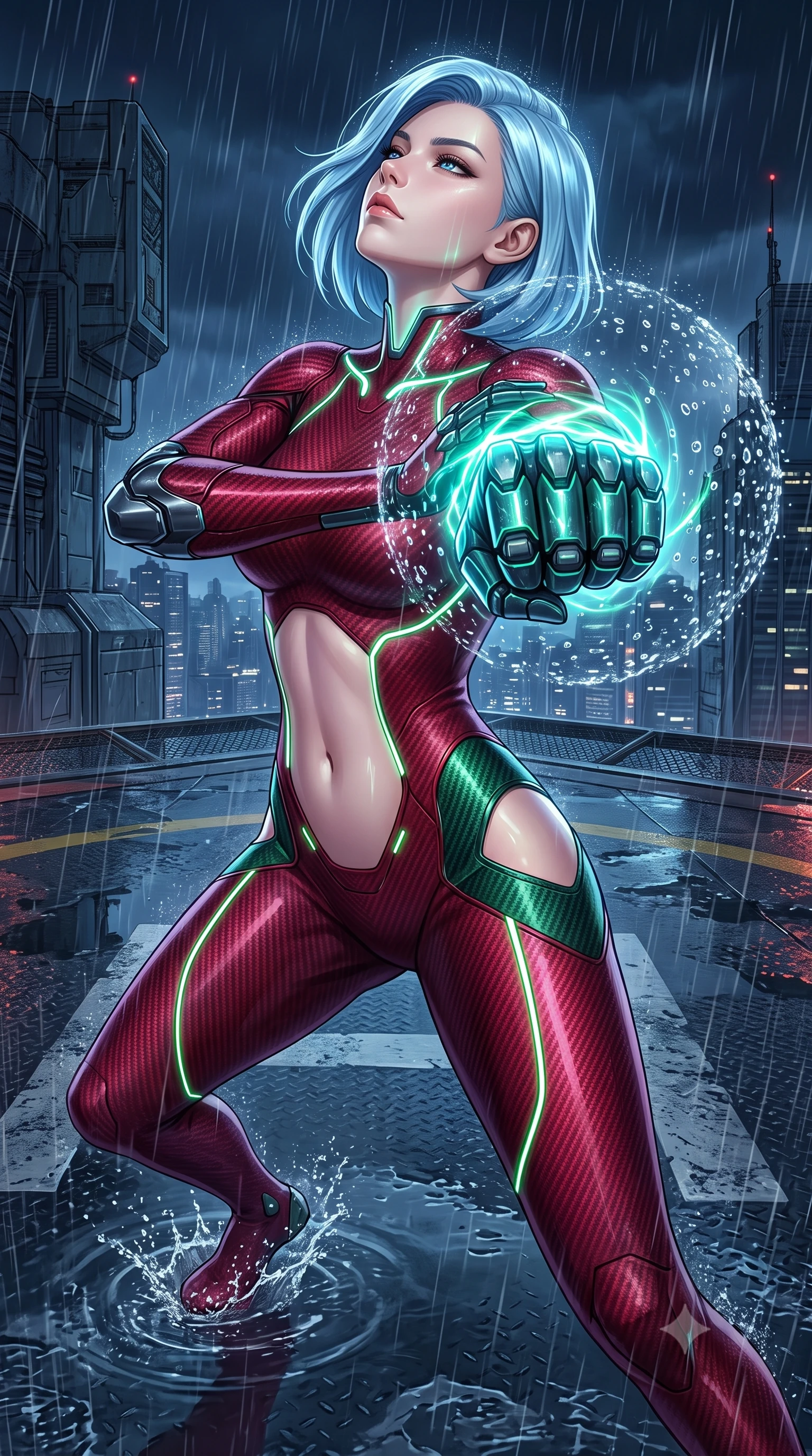 score_9, masterpiece, best quality, ultra-detailed, high-budget anime keyframe, semi-realistic 3D game render, editorial fashion photography, tasteful artistic composition, Korean woman. close-up cowboy shot from the waist and thighs up, the character dominates the composition, filling the frame with her large presence. tilting her head back with serene warrior composure, her sharp jawline and sculpted collarbones highlighted by glowing neon kinetic knuckles while pivoting dynamically in mid-motion on the wet helipad as displaced rain droplets form a frozen sphere around her fist. The surrounding environment is rendered in vivid detail and crisp panoramic clarity. high-contrast storm chiaroscuro and atmospheric cyberpunk urban textures captured with precision. She has an exceptionally elegant, slender, and willowy female figure with an ultra-slim waist, a gracefully sculpted slender torso, toned flat midriff, and a refined slim silhouette. sharp v-shaped jawline, high-bridge nose, intricate jewel-like eyes with depth, thick eyelashes, glossy lips with a natural sheen, flawlessly proportioned anatomical accuracy, strict slender model proportions, natural body alignment, perfectly sculpted long slender limbs, ultra-slim waistline, clean dynamic posture without body distortion. wearing a skin-tight crimson carbon-weave battle-suit with metallic dark chrome elbow dampers and hip-accentuating cutouts in emerald green carbon composite with glowing lime laser channels, made of liquid carbon-jersey fabric adhering flawlessly to her sculpted silhouette, accented with glowing fiber-optic conduits tracing her collarbones and hip curves, the precision-cut daring openings accentuating her delicate midriff, graceful bare collarbones, and ultra-slim feminine waistline. illuminated by crisp white key lighting with sharp specular highlights tracing her sculpted flat midriff and waist. rich saturated anime colors with glowing neon highlights, detailed shading with soft gradients, rich glossy textures, high-contrast stereoscopic depth, volumetric dynamic lighting, master piece, 9:16 ratio