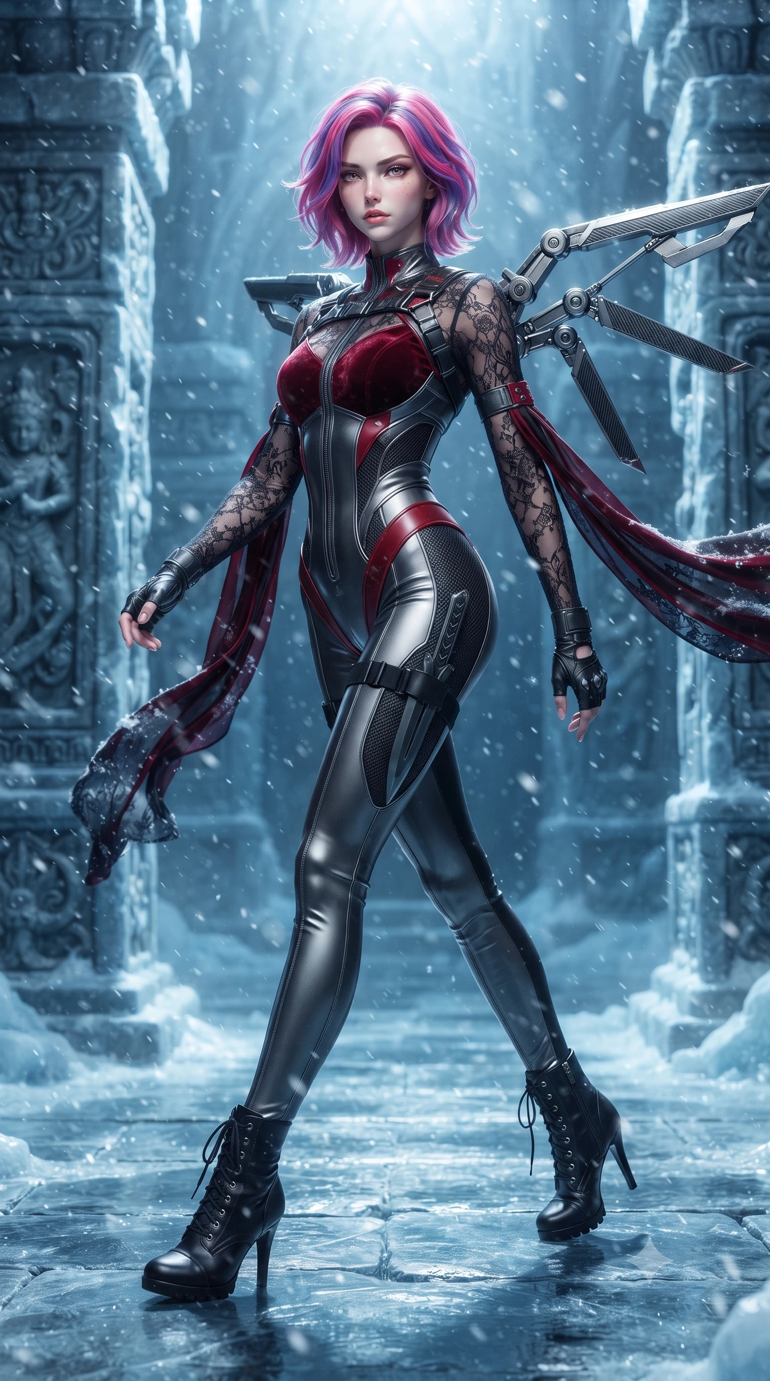 score_9, masterpiece, best quality, ultra-detailed, high-budget anime keyframe, editorial fashion photography, tasteful artistic composition, Caucasian woman. low angle full-body shot from head to toe showing her feet, filling the entire 9:16 vertical frame with her statuesque presence, stretching her vertical silhouette. striding forward in a proud supermodel runway stride, hips swaying in an alluring kinetic rhythm that accentuates her curvy hourglass silhouette while striding across the reflective frozen stone temple floor, hips swaying in an alluring rhythm as gale-force winds whip her silk drapery. The surrounding environment is rendered in vivid detail and crisp panoramic clarity. detailed carbon-fiber weave patterns, metallic wing harness joints, and falling snowflakes in high resolution. She has an absolutely perfect, statuesque 8.5-heads proportion, an exceptionally tall and slender model-like female figure with impossibly long slender legs, a toned flat midriff, an ultra-slim waist, and beautifully sculpted feminine hips. sharp v-shaped jawline, high-bridge nose, intricate jewel-like eyes with depth, thick eyelashes, glossy parted lips with a natural sheen, intensely captivating and seductive bedroom-eyes expression, flawlessly proportioned anatomical accuracy, strict slender model proportions, natural body alignment, perfectly sculpted long slender limbs, ultra-slim waistline, clean dynamic posture without body distortion. wearing an elite valkyrie velvet-and-leather hybrid bodysuit with sheer lace sleeves and dagger sheath garter in titanium gunmetal and blood-crimson accents, crafted from flexible ballistic matte leather and aerodynamic stretch neoprene, complemented by tactical fingerless combat gloves and stiletto combat boots, the liquid-tight tailored fabric clinging flawlessly to her narrow waist and rounded feminine hips, emphasizing every millimeter of her sculpted hourglass curves during movement. illuminated by crisp metallic specular reflections sharply defining her sculpted waist, bare spine, and curvy hips. ultra-reflective glossy finish, specular highlights, rich textural contrasts, high-contrast stereoscopic depth, volumetric dynamic lighting, 2k, ultra detail, master piece, 9:16 ratio