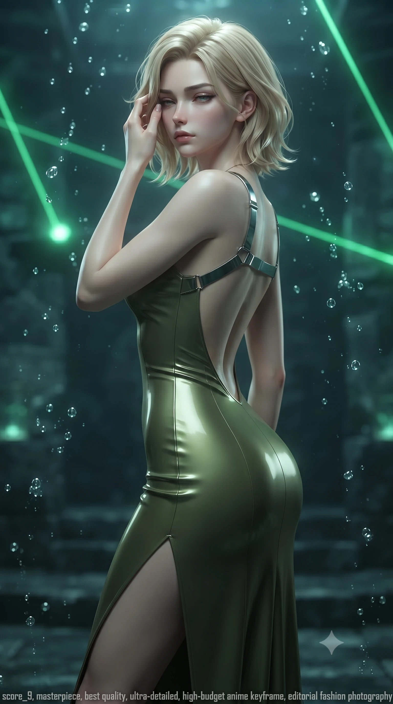 score_9, masterpiece, best quality, ultra-detailed, high-budget anime keyframe, editorial fashion photography, tasteful artistic composition, Caucasian woman. close-up cowboy shot from the waist and thighs up, the character dominates the composition, filling the frame with her large presence, background elements kept in soft focus. gently touching the side of her temple, casting a heavy-lidded, sultry look past the camera, the background shows a soft-focus an underwater ballroom dock for personal submarines made of dark basalt stone. She has an exceptionally elegant, slender, and willowy female figure with an ultra-slim waist, a gracefully sculpted slender torso, and a refined silhouette. sharp v-shaped jawline, high-bridge nose, intricate jewel-like eyes with depth, thick eyelashes, glossy lips with a natural sheen. wearing a form-contouring dramatic open-back maxi combat dress in olive green, featuring a high thigh slit and chrome straps. fluorescent green dock status lasers refracting through water droplets. ultra-reflective glossy finish, specular highlights, metallic sheen, high-contrast stereoscopic depth, volumetric dynamic lighting, 2k, ultra detail, master piece, 9:16 ratio