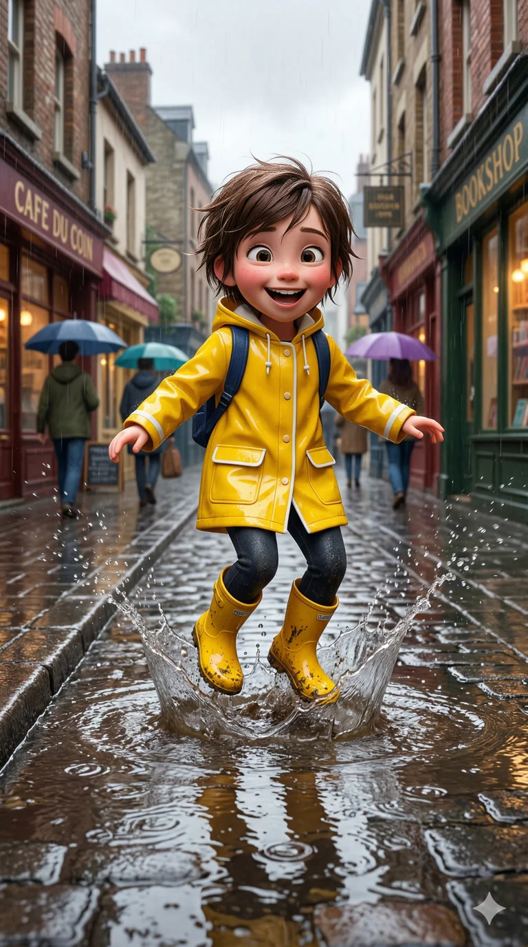 (masterpiece:1.2), best quality, highres, (3D character:1.2), beautiful girl, pixie cut, (yellow raincoat and boots:1.2), splashing in a puddle, Pixar style, 2k, ultra detail, 9:16 ratio