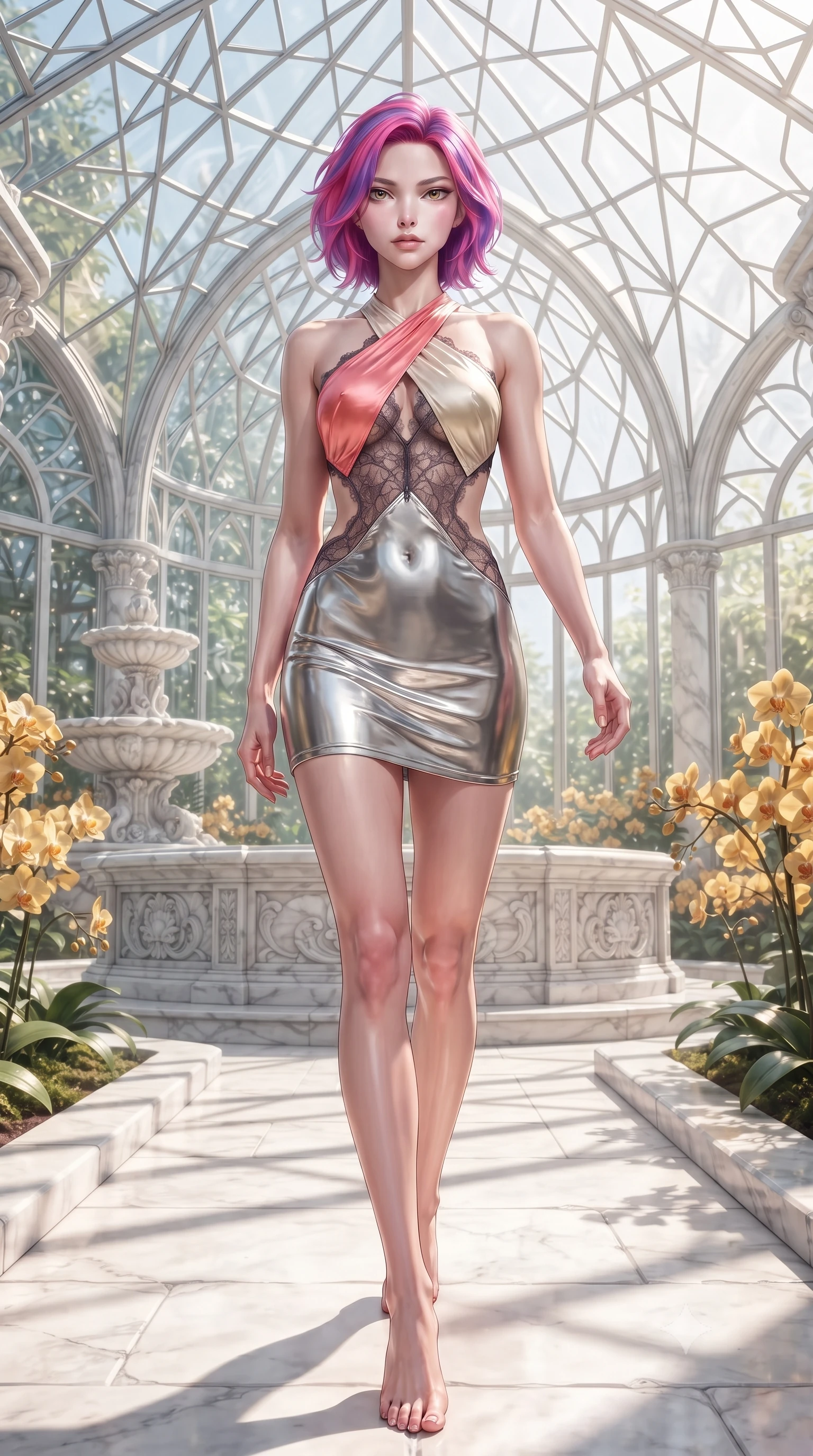 score_9, masterpiece, best quality, ultra-detailed, high-budget anime keyframe, editorial fashion photography, tasteful artistic composition, Caucasian woman. low angle full-body shot from head to toe showing her feet, filling the entire 9:16 vertical frame with her statuesque presence, stretching her vertical silhouette. pivoting dynamically in mid-motion with a breathtakingly alluring posture, displaying her flawless model proportions and ultra-slim waist while walking gracefully along a sunlit white stone aisle in a grand crystal conservatory surrounded by golden orchids. The surrounding environment is rendered in vivid detail and crisp panoramic clarity. crisp glass geometric lattices, marble fountain carvings, and sunlit stone pathways in high resolution. She has an absolutely perfect, statuesque 8.5-heads proportion, an exceptionally tall and slender model-like female figure with impossibly long slender legs, a toned flat midriff, and an ultra-slim waist. sharp v-shaped jawline, high-bridge nose, intricate jewel-like eyes with depth, thick eyelashes, glossy lips with a natural sheen, flawlessly proportioned anatomical accuracy, strict slender model proportions, natural body alignment, perfectly sculpted long slender limbs, ultra-slim waistline, clean dynamic posture without body distortion. wearing a molten silver liquid-metal mini dress featuring deep side-waist cutouts and a daring crossover halter neckline in radiant coral pink and champagne ivory, crafted from delicate dark lace interwoven with luminescent micro-fibers, complemented by criss-cross back straps highlighting her completely bare spine, the sleek second-skin cut tightly hugging her graceful clavicle, narrow waist, and feminine curves with athletic precision. surrounded by a bright, pristine, and captivatingly fresh botanical sanctuary atmosphere. ultra-reflective glossy finish, specular highlights, metallic sheen, high-contrast stereoscopic depth, volumetric dynamic lighting, 2k, ultra detail, master piece, 9:16 ratio