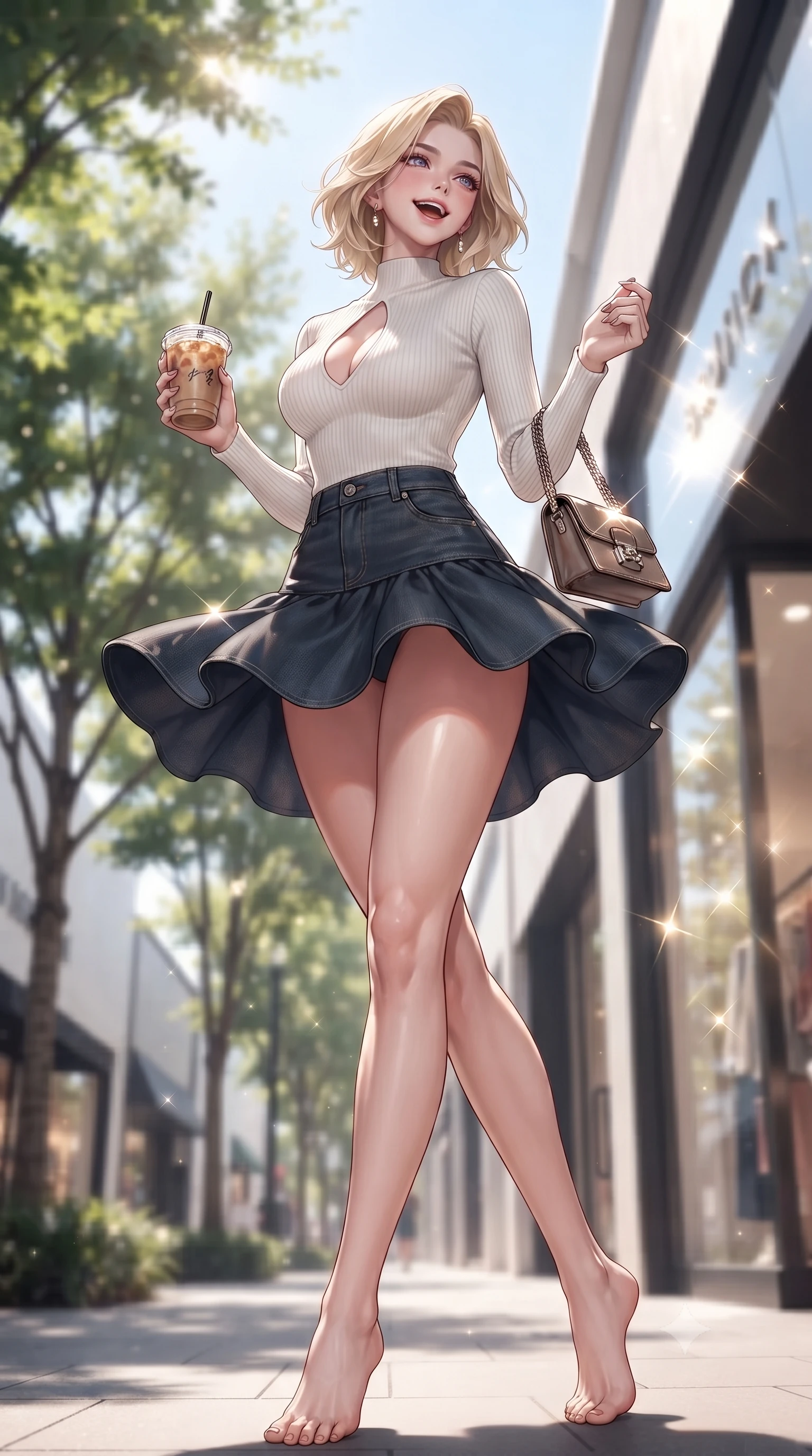 score_9, masterpiece, best quality, ultra-detailed, high-budget anime keyframe, editorial fashion photography, tasteful artistic composition, Caucasian woman. low angle full-body shot from head to toe showing her feet, filling the entire 9:16 vertical frame with her statuesque presence, stretching her vertical silhouette. twirling around with a playful, cute laugh, her skirt billowing beautifully in the air set against a soft-focus background of on a trendy shopping street lined with modern boutique shops and green trees holding a trendy paper cup of iced coffee and a small leather purse. She has an absolutely perfect, statuesque 8.5-heads proportion, an exceptionally tall and slender model-like female figure with impossibly long slender legs and an ultra-slim waist. sharp v-shaped jawline, high-bridge nose, intricate jewel-like eyes with depth, thick eyelashes, glossy lips with a natural sheen. wearing tailored form-contouring ribbed knit top with a plunging keyhole cutout, paired with a dark denim mini skirt. bright afternoon sunbeams creating sharp reflections on the glass shop windows. ultra-reflective glossy finish, specular highlights, metallic sheen, high-contrast stereoscopic depth, volumetric dynamic lighting, 2k, ultra detail, master piece, 9:16 ratio