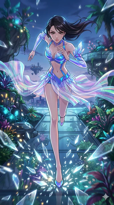 score_9, masterpiece, best quality, ultra-detailed, Set A: High-budget Anime Keyframe, Japanese woman. Low angle cowboy shot filling the entire 9:16 frame with her statuesque presence. Sprinting through a floating botanical garden, as the ground bene