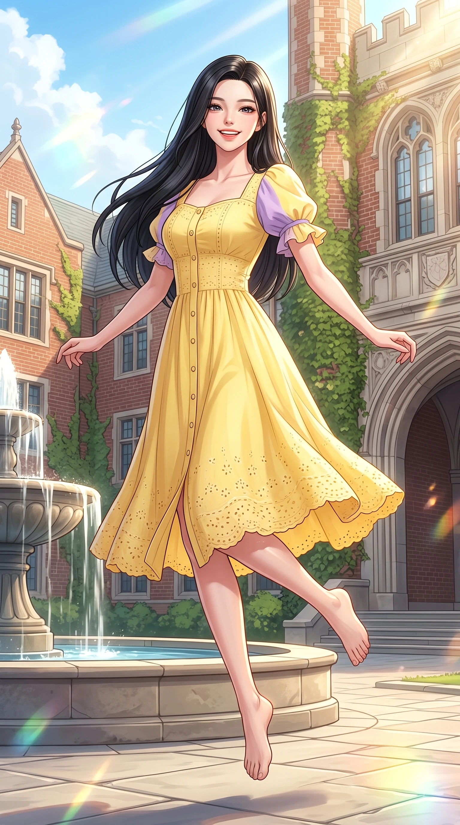 score_9, masterpiece, best quality, ultra-detailed, high-budget anime keyframe, editorial fashion photography, tasteful artistic composition, Korean woman. low angle full-body shot from head to toe showing her feet, filling the entire 9:16 vertical frame with her statuesque presence, stretching her vertical silhouette. leaping with pure youthful energy through the scene with a radiant bright smile, her long slender legs balanced gracefully while reaching out cheerfully with a bright smile near a grand stone fountain on the college quad. The surrounding environment is rendered in vivid detail and crisp panoramic clarity. classic red-brick campus architecture, ivy-covered stone walls, and grand archways in crisp detail. She has an absolutely perfect, statuesque 8.5-heads proportion, an exceptionally tall and slender model-like female figure with impossibly long slender legs and an ultra-slim waist. sharp v-shaped jawline, high-bridge nose, intricate jewel-like eyes with depth, thick eyelashes, glossy lips with a natural sheen, flawlessly proportioned anatomical accuracy, natural body alignment, perfectly sculpted elegant limbs, clean dynamic posture without body distortion. wearing a cheerful daffodil-yellow button-front midi dress with short puff sleeves in soft lemon yellow and lavender violet, woven with delicate eyelet lace and soft cotton, featuring elegant flutter sleeves and a graceful square neckline, the tailored casual silhouette highlighting her fresh and youthful presence. illuminated by warm golden sunbursts and bright clear sky refractions. highly saturated vibrant anime colors, detailed shading with soft gradients, rich glossy textures, high-contrast stereoscopic depth, volumetric dynamic lighting, master piece, 9:16 ratio