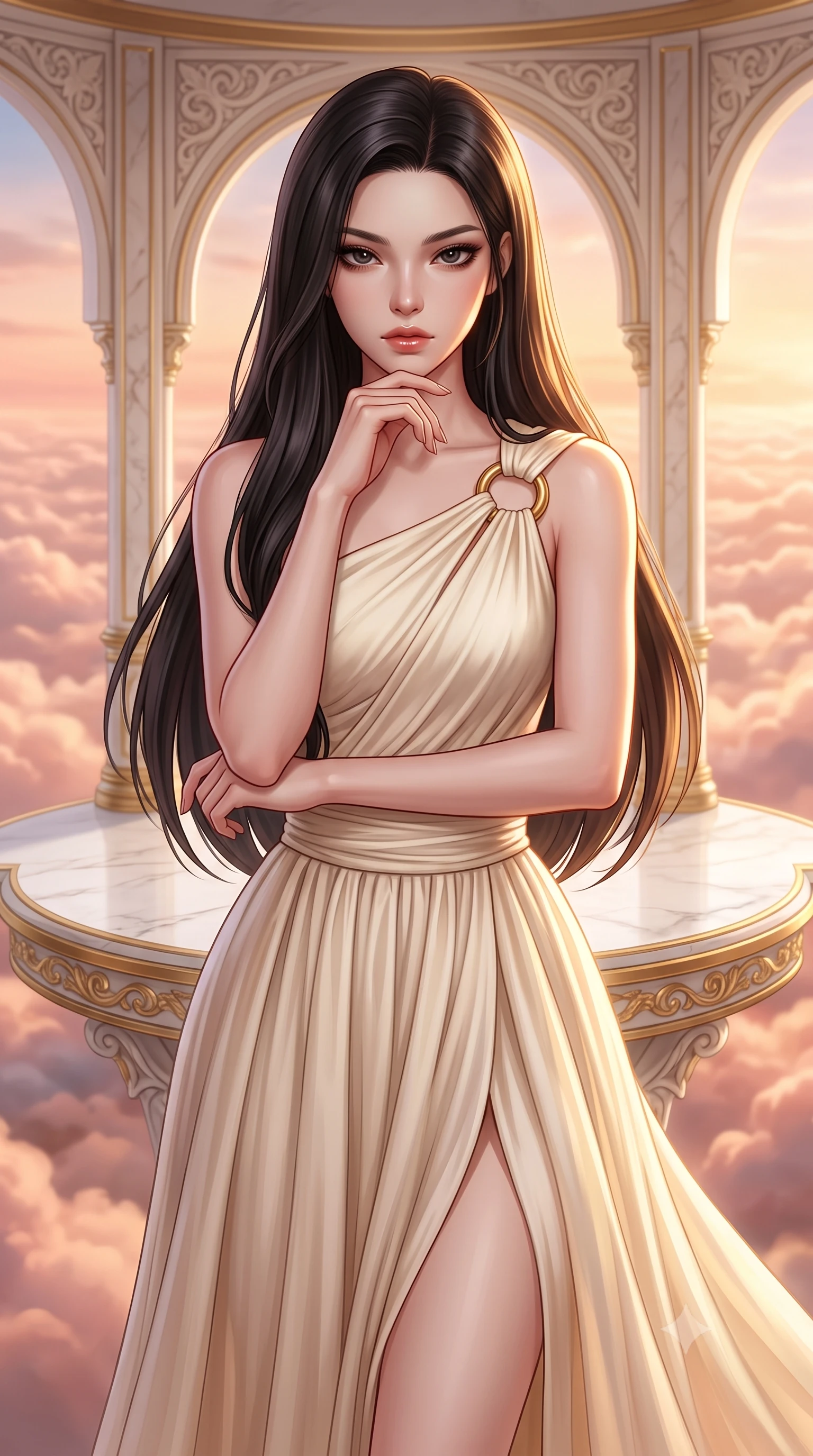 score_9, masterpiece, best quality, ultra-detailed, high-budget anime keyframe, editorial fashion photography, tasteful artistic composition, Korean woman. close-up cowboy shot from the waist and thighs up, the character dominates the composition, filling the frame with her large presence, background elements kept in soft focus. Resting her chin on the backs of her fingers, casting a sharp, mysterious gaze standing on a floating white marble terrace above a sea of rose-gold clouds, opulent gold-leaf trim and carved ivory archways framed beautifully. She has an exceptionally elegant, slender, and willowy female figure with an ultra-slim waist, a gracefully sculpted slender torso, and a refined silhouette. sharp v-shaped jawline, high-bridge nose, intricate jewel-like eyes with depth, thick eyelashes, glossy lips with a natural sheen. wearing an elegant Grecian draped chiffon gown with an asymmetrical shoulder strap and ring detail, the form-contouring material highlighting her ultra-slim waist and long lines. illuminated by soft glowing sunset radiance with dramatic golden rim highlights. highly saturated vibrant anime colors, detailed shading with soft gradients, rich glossy textures, high-contrast stereoscopic depth, volumetric dynamic lighting, master piece, 9:16 ratio