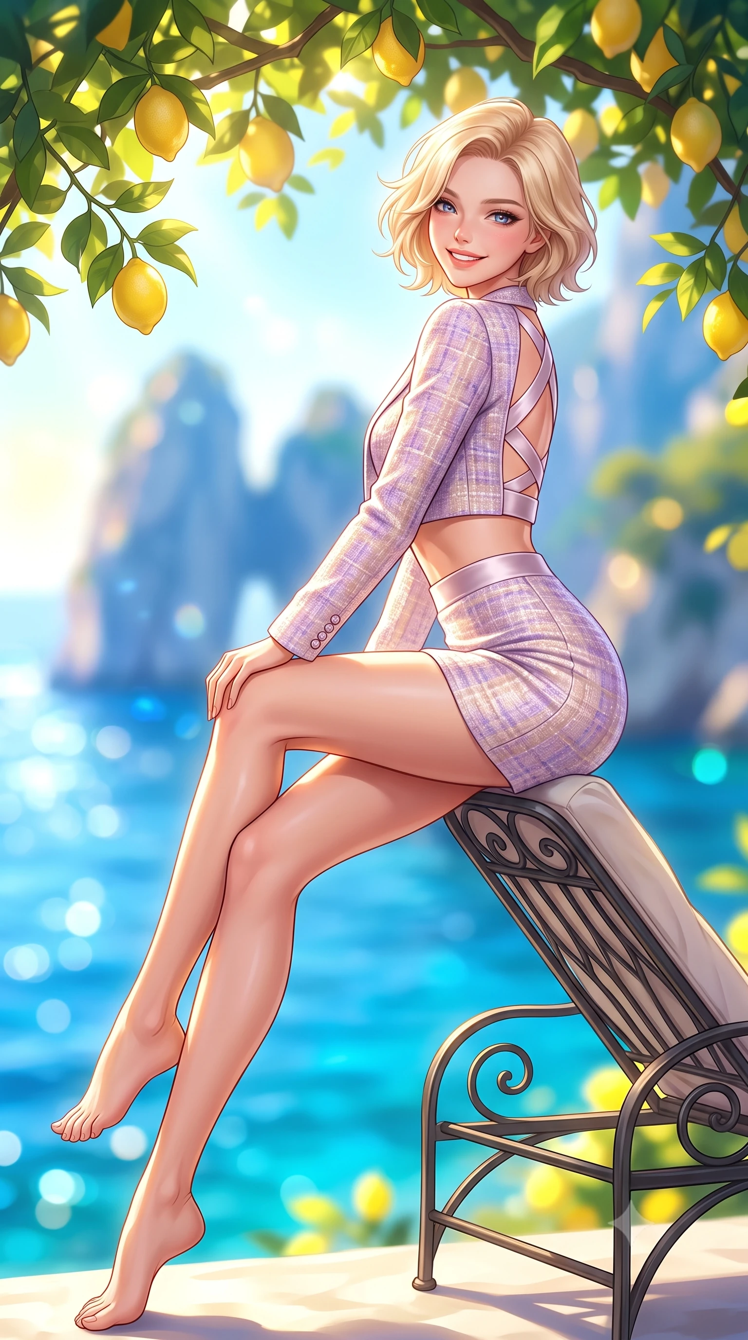 score_9, masterpiece, best quality, ultra-detailed, high-budget anime keyframe, semi-realistic 3D game render, editorial fashion photography, tasteful artistic composition, Caucasian woman. low angle full-body shot from head to toe showing her feet, filling the entire 9:16 vertical frame with her statuesque presence, stretching her vertical silhouette. sitting perched on the elevated edge with legs crossed and hips angled toward the camera, displaying her toned midriff and long slender limbs with a joyful, coquettish smile while reclining on a vintage wrought-iron sunbed under the leafy lemon canopy, her long slender legs and feminine curves bathed in golden light. The composition keeps background elements in soft focus with dreamy creamy bokeh. sun-drenched cobalt Mediterranean sea and dramatic Capri limestone cliffs blurred into radiant sapphire, turquoise, and lemon-yellow bokeh. She has an exceptionally tall and slender model-like 8.5-heads proportion, an ultra-slim waist, a flat toned midriff, narrow delicate ribcage, and beautifully sculpted feminine hips creating a graceful, slim hourglass silhouette without any bulky heaviness, with impossibly long slender legs. sharp v-shaped jawline, high-bridge nose, intricate jewel-like sparkling eyes with depth, thick eyelashes, glossy parted lips with a natural peach sheen, bright cheerful beaming smile with an enchanting and coquettish sensual glint, exuding both youthful cute charm and seductive allure, flawlessly proportioned anatomical accuracy, strict slender model proportions, natural body alignment, perfectly sculpted long slender limbs, ultra-slim waistline, clean dynamic posture without body distortion. wearing a cute pastel tweed two-piece set with a cropped jacket and ultra-fitted high-waisted mini skirt tracing her hips in soft lilac and champagne shimmer, made of smooth fluid silk satin with a delicate pearlescent sheen, finished with criss-cross back satin straps highlighting her graceful shoulder blades, the form-contouring cut accentuating her sculpted flat midriff, narrow delicate ribcage, and gracefully curvy hips with supermodel precision. bathed in brilliant Mediterranean golden hour sunlight dappled through lush lemon tree leaves. highly saturated vibrant anime colors, detailed shading with soft gradients, rich glossy textures, high-contrast stereoscopic depth, volumetric dynamic lighting, master piece, 9:16 ratio