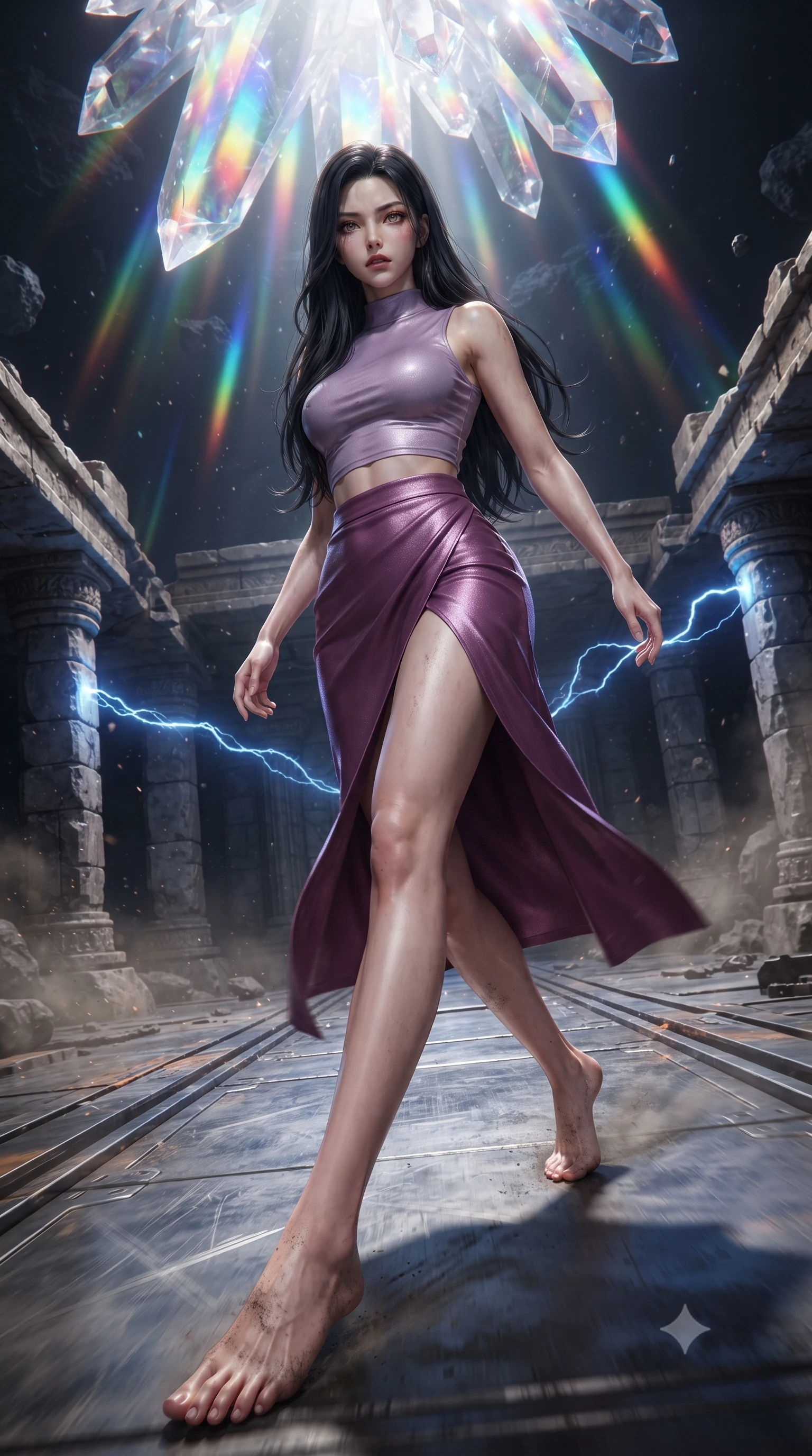score_9, masterpiece, best quality, ultra-detailed, high-budget anime keyframe, editorial fashion photography, tasteful artistic composition, realistic cosplay photography, Korean woman. low angle full-body shot from head to toe showing her feet, filling the entire 9:16 vertical frame with her statuesque presence, stretching her vertical silhouette. skidding across a metal flight deck as the starship tilts violently during battle inside a temple built on an asteroid orbiting a magnetar, blue pulse lines arcing across the stone pillars. She has a statuesque 8.5-heads proportion, an exceptionally tall, slender and willowy model-like build with impossibly long legs and a highly sculpted ultra-slim waist. sharp v-shaped jawline, high-bridge nose, intricate jewel-like eyes with depth, thick eyelashes, glossy lips with a natural sheen. wearing catching and diffusing the glowing particles, shimmering softly in response to the surrounding light, a body-hugging high-neck crop top in lavender, paired with a matching high-waisted wrap skirt in plum with a front slit. cascading rainbow prismatic light refracting through crystal formations overhead. ultra-reflective glossy finish, specular highlights, metallic sheen, high-contrast stereoscopic depth, volumetric dynamic lighting, 2k, ultra detail, master piece, 9:16 ratio