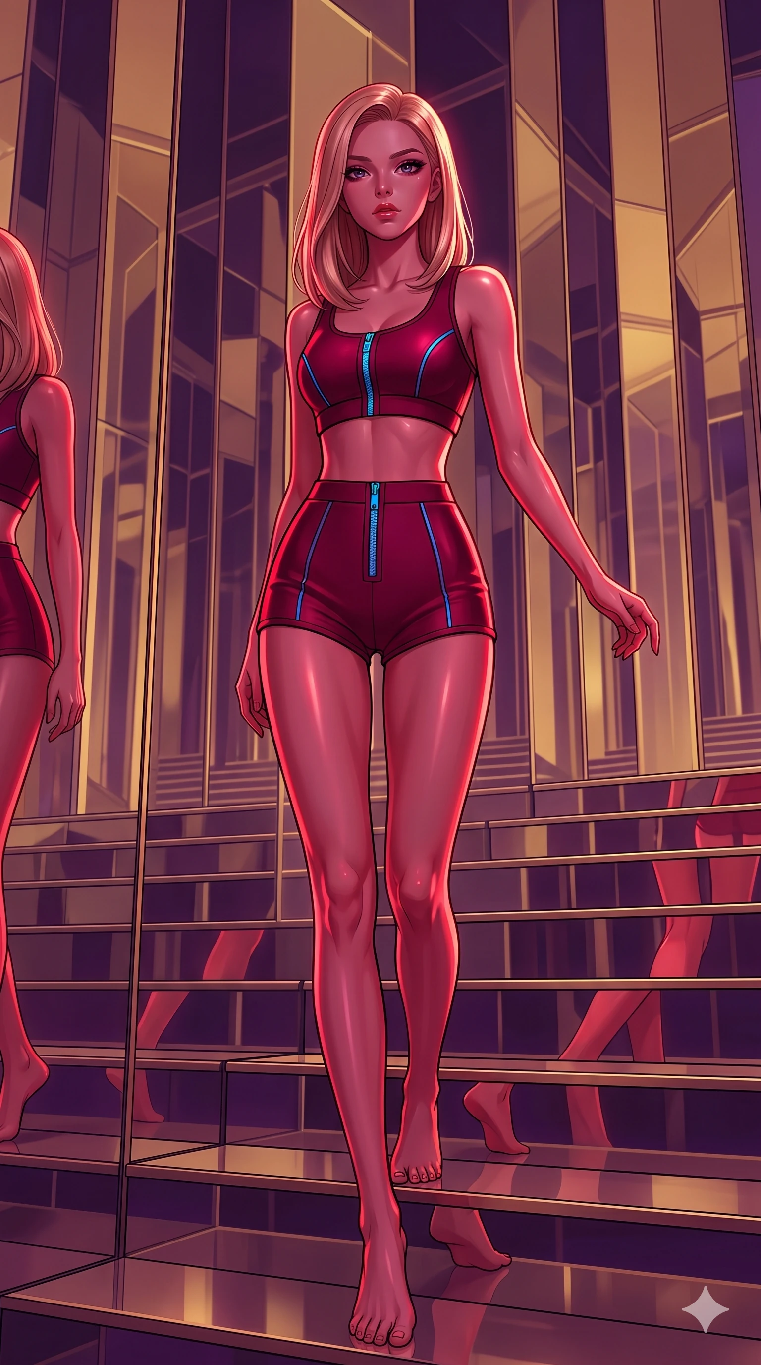score_9, masterpiece, best quality, ultra-detailed, high-budget anime keyframe, editorial fashion photography, tasteful artistic composition, Korean woman. low angle full-body shot from head to toe showing her feet, filling the entire 9:16 vertical frame with her statuesque presence, stretching her vertical silhouette. Descending a flight of steps with regal poise, one hand trailing gracefully along the air within a dreamlike palace of mirrors where reflections are tinted in gold and violet. She has an absolutely perfect 8-heads proportion, an exceptionally tall and slender female figure with impossibly long slender legs and an ultra-slim waist. V-shaped jawline, high-bridge nose, intricate jewel-like eyes with depth, thick eyelashes, glossy lips with a natural sheen. wearing a structured neoprene crop top paired with matching high-waist shorts with neon blue zippers. drenched in deep crimson theatrical lighting with sharp specular highlights on every curve. 2k, ultra detail, master piece, 9:16 ratio