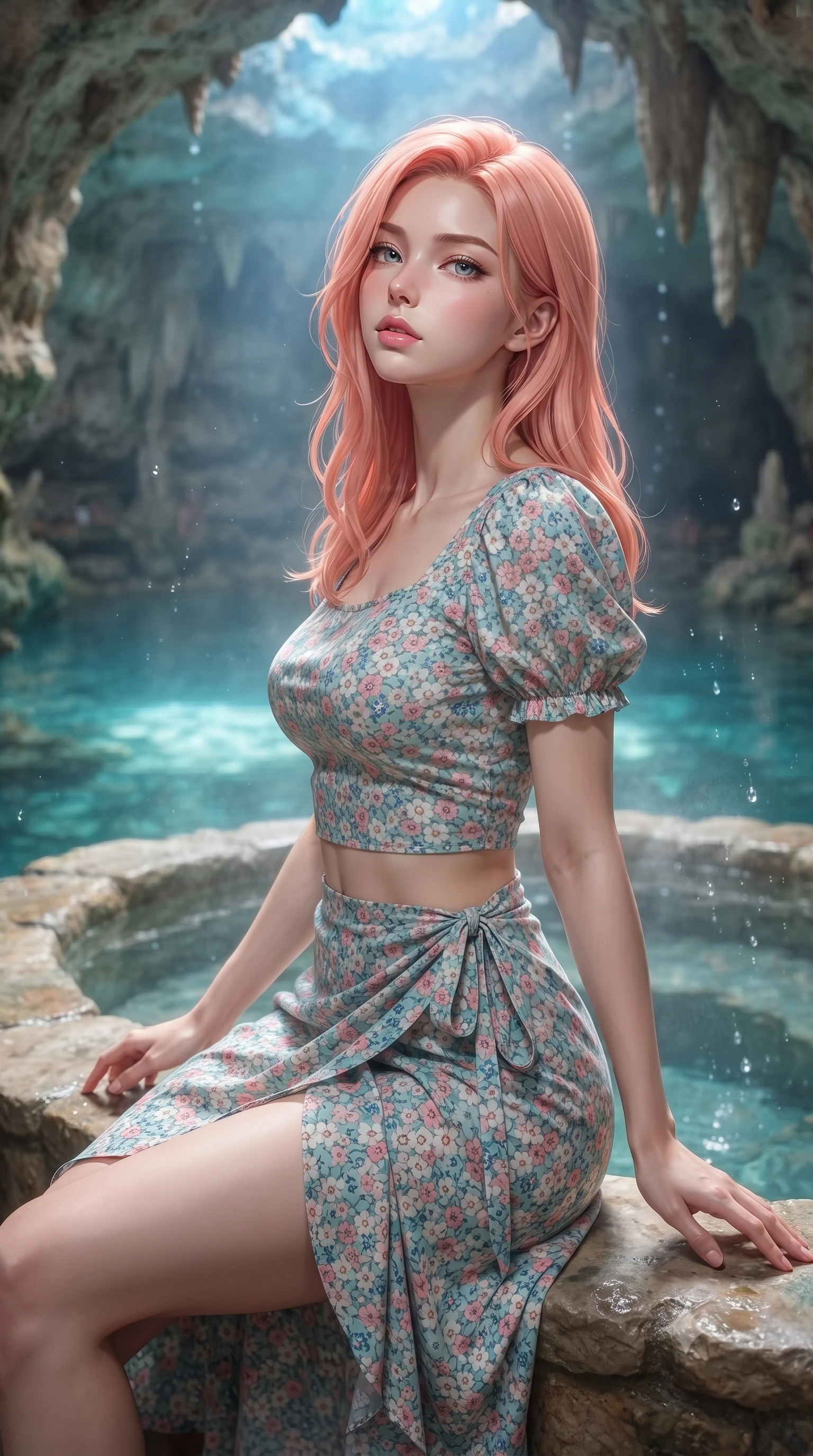 score_9, masterpiece, best quality, ultra-detailed, high-budget anime keyframe, editorial fashion photography, tasteful artistic composition, Japanese woman woman. close-up cowboy shot from the waist and thighs up, the character dominates the composition, filling the frame with her large presence, background elements kept in soft focus. tilting her chin up slightly with lips parted in a composed, provocative expression the background shows a soft-focus a private stone bath pool built inside a natural rock cave with clear mineral water. She has an exceptionally elegant, slender, and willowy female figure with an ultra-slim waist, a gracefully sculpted slender torso, and a refined silhouette. sharp v-shaped jawline, high-bridge nose, intricate jewel-like eyes with depth, thick eyelashes, glossy lips with a natural sheen. wearing a form-contouring summer vacation crop top and wrap skirt set in floral print cotton, showing her slim waist. soft blue light reflecting from the pool water onto the rocky cave ceiling. ultra-reflective glossy finish, specular highlights, metallic sheen, high-contrast stereoscopic depth, volumetric dynamic lighting, 2k, ultra detail, master piece, 9:16 ratio