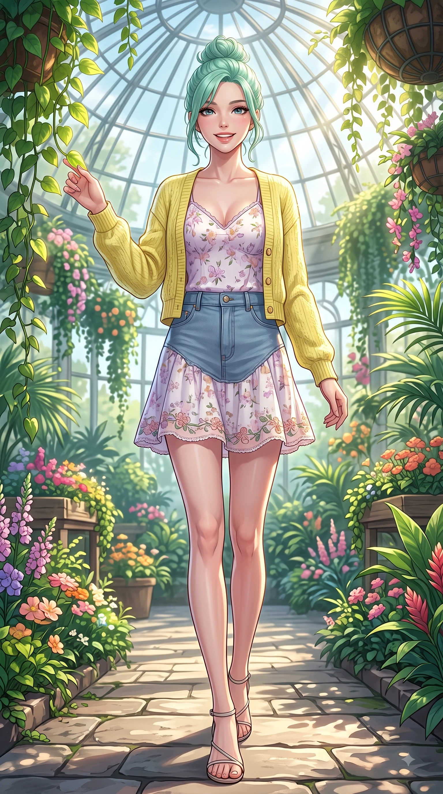 score_9, masterpiece, best quality, ultra-detailed, high-budget anime keyframe, editorial fashion photography, tasteful artistic composition, Japanese woman. low angle full-body shot from head to toe showing her feet, filling the entire 9:16 vertical frame with her statuesque presence, stretching her vertical silhouette. walking forward in a proud dynamic stride with a cheerful beaming smile, her vertical silhouette filling the frame while reaching out playfully to touch a sun-lit green leaf while smiling with sparkling eyes into the lens. The surrounding environment is rendered in vivid detail and crisp panoramic clarity. intricate glasshouse dome architecture, cascading tropical vines, and vibrant botanical garden displays in deep focus. She has an absolutely perfect, statuesque 8.5-heads proportion, an exceptionally tall and slender model-like female figure with impossibly long slender legs and an ultra-slim waist. sharp v-shaped jawline, high-bridge nose, intricate jewel-like eyes with depth, thick eyelashes, glossy lips with a natural sheen, flawlessly proportioned anatomical accuracy, natural body alignment, perfectly sculpted elegant limbs, clean dynamic posture without body distortion. wearing a fresh lemon-yellow cardigan over a white floral print slip dress in pastel lilac and soft rose gold, made of comfortable premium stretch denim and soft jersey, complemented by delicate embroidered floral trim along the hem, the chic real-way fashion cut emphasizing her effortless charm. surrounded by a peaceful, sun-drenched, and healing greenhouse atmosphere. highly saturated vibrant anime colors, detailed shading with soft gradients, rich glossy textures, high-contrast stereoscopic depth, volumetric dynamic lighting, master piece, 9:16 ratio