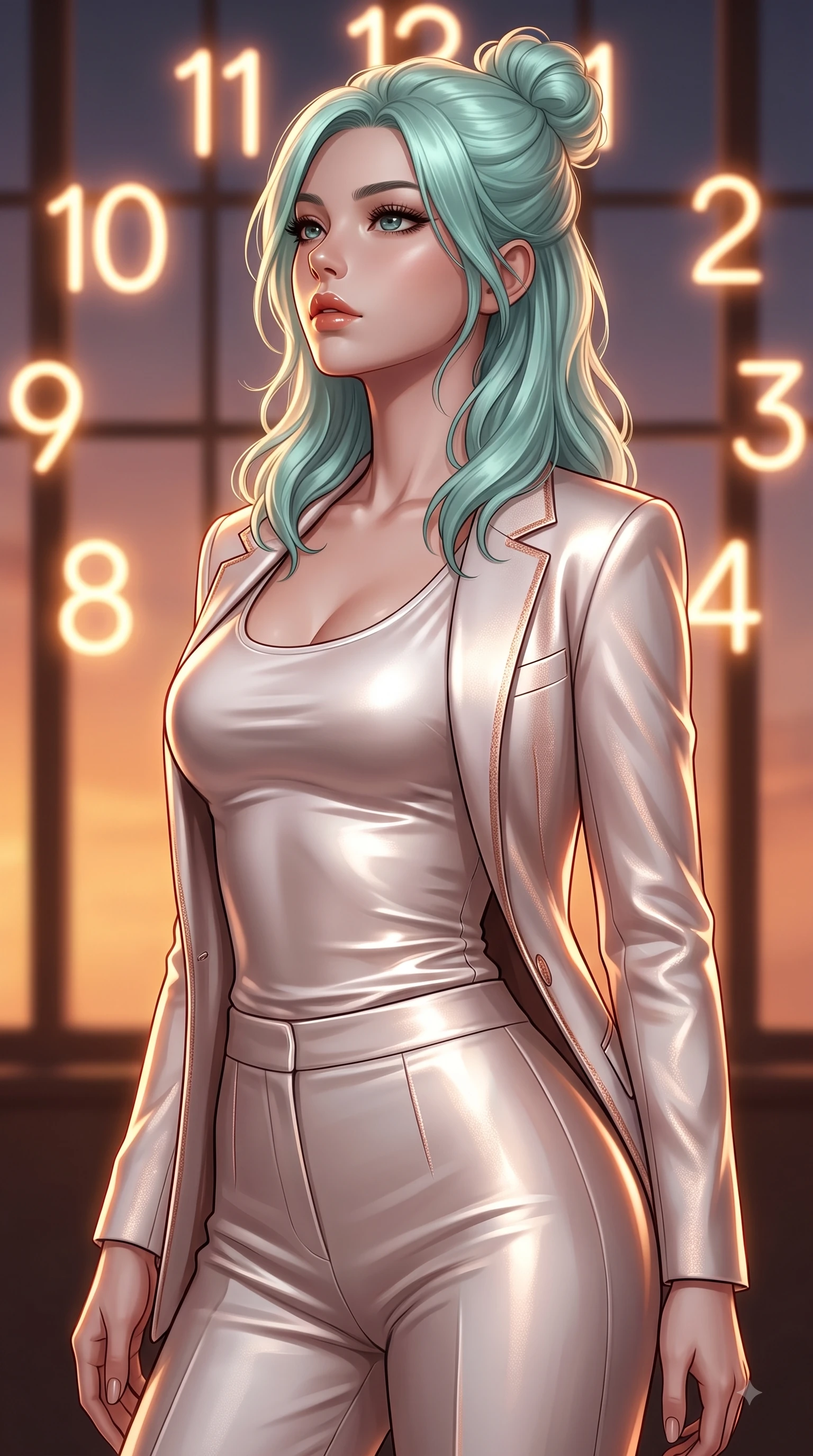 score_9, masterpiece, best quality, ultra-detailed, high-budget anime keyframe, editorial fashion photography, tasteful artistic composition, Japanese woman. close-up cowboy shot from the waist and thighs up, the character dominates the composition, filling the frame with her large presence, background elements kept in soft focus. Tilting her chin up with composed magnetism as dramatic side lighting traces her sculpted waist and hip contour while pivoting in a dynamic profile pose as twilight amber light streams through the massive window, glowing neon clock numbers floating in the air with vintage elegancy. She has an exceptionally elegant, slender, and willowy female figure with an ultra-slim waist, a gracefully sculpted slender torso, and a refined silhouette. sharp v-shaped jawline, high-bridge nose, intricate jewel-like eyes with depth, thick eyelashes, glossy lips with a natural sheen, flawlessly proportioned anatomical accuracy, natural body alignment, perfectly sculpted elegant limbs, clean dynamic posture without body distortion. wearing a tailored silk blazer over a form-contouring scoop-neck top and slacks in pearl white and rose gold, crafted from lustrous satin jersey with fluid draping, finished with a sleek side slit ascending to mid-thigh, the tailored fabric tightly following every curve of her athletic build. surrounded by warm hearth light and dramatic bronze rim highlights. ultra-reflective glossy finish, specular highlights, metallic sheen, high-contrast stereoscopic depth, volumetric dynamic lighting, 2k, ultra detail, master piece, 9:16 ratio