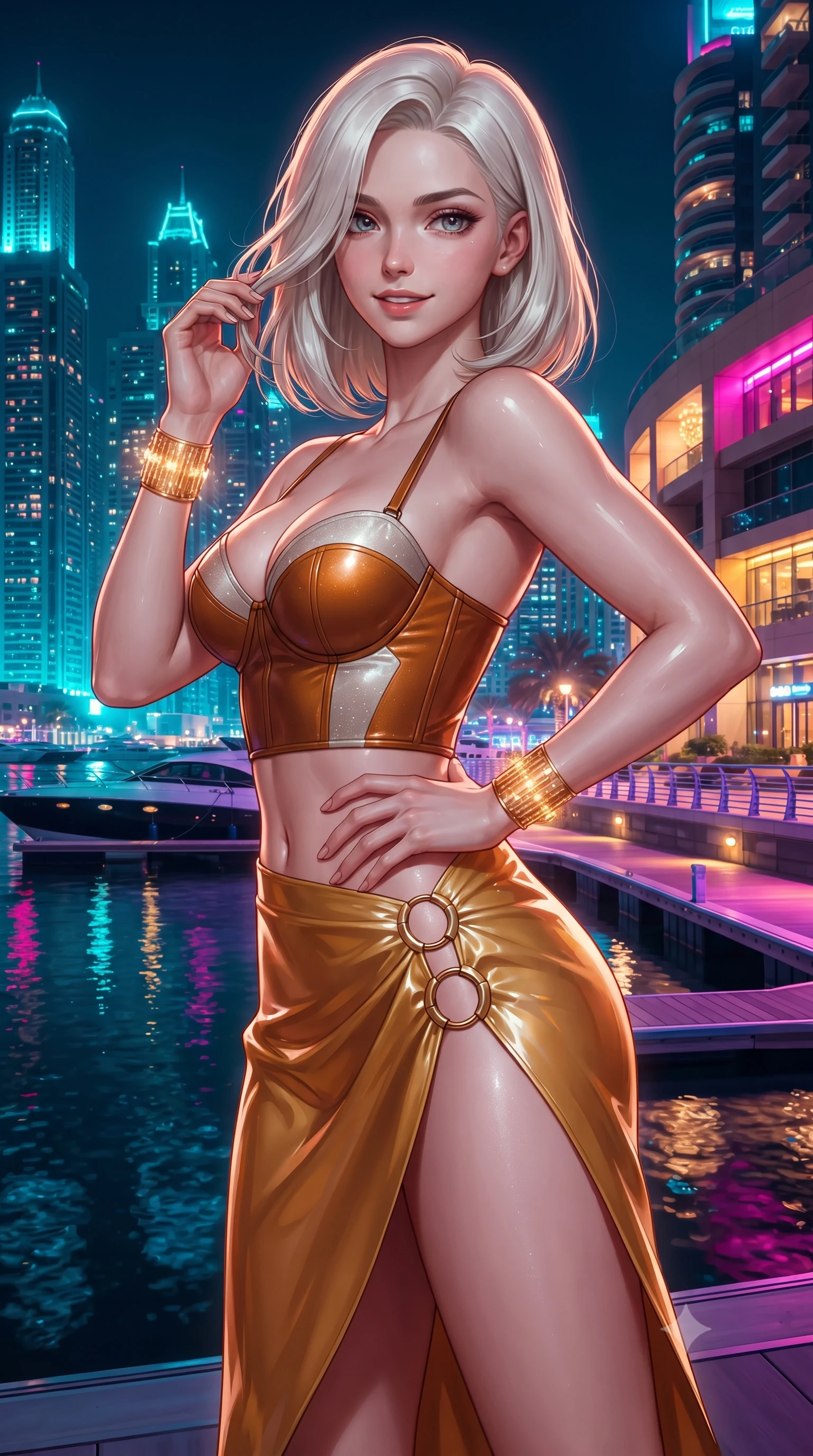 score_9, masterpiece, best quality, ultra-detailed, high-budget anime keyframe, editorial fashion photography, tasteful artistic composition, Caucasian woman. close-up cowboy shot from the waist and thighs up, the character dominates the composition, filling the frame with her large presence. twisting her slender torso in an alluring contrapposto stance, one hand resting on her sculpted hip while her fingers toy with her hair with effortless poise while pausing beside an illuminated yacht berth with hips cocked back, glancing back with an intoxicating, dangerous smile toward the lens. The surrounding environment is rendered in vivid detail and crisp panoramic clarity: detailed plunging cowl-neck liquid satin gown drape, crystal shoulder cords, and skyscraper engineering in high resolution. She has an exceptionally elegant, slender, and willowy female figure with an ultra-slim waist, flat toned midriff, narrow ribcage, and sculpted feminine hips creating an alluring, slim hourglass silhouette without bulk. sharp v-shaped jawline, high-bridge nose, intricate jewel-like sparkling eyes with depth, thick eyelashes, glossy parted lips with a natural peach sheen, bright cheerful beaming smile with an enchanting and coquettish sensual glint, exuding both youthful cute charm and seductive allure, flawlessly proportioned anatomical accuracy, strict slender model proportions, natural body alignment, perfectly sculpted long slender limbs, ultra-slim waistline, clean dynamic posture without body distortion. wearing a sculpted leatherette underwire bustier paired with a high-slit silk satin wrap skirt with gold ring hardware in Dubai desert golden hour amber and pure starlight platinum, crafted from wet-look high-gloss vinyl fabric with dazzling specular surface reflections, accented with delicate golden wrist cuffs reflecting warm chandelier light, the glove-like clinging cut tightly following the natural contour of her hips and long slender legs with youthful 8.5-heads elegance. bathed in intense saturated cyan, magenta, and gold neon architectural facade lighting reflecting in dark marina water. ultra-reflective glossy finish, specular highlights, rich textural contrasts, high-contrast stereoscopic depth, volumetric dynamic lighting, 2k, ultra detail, master piece, 9:16 ratio