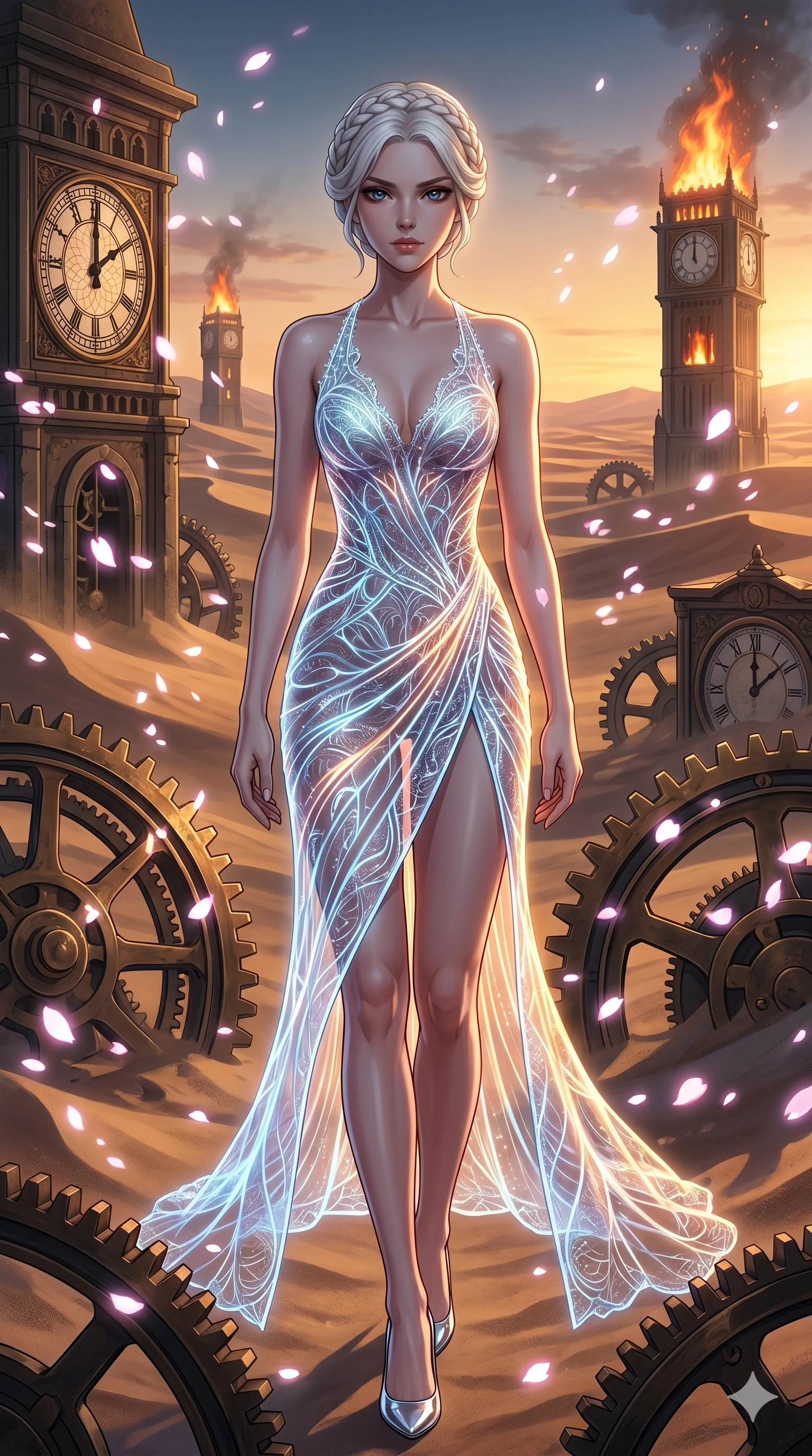 score_9, masterpiece, best quality, ultra-detailed, Set A: High-budget Anime Keyframe, Caucasian (strictly human ears) woman. Upper body close-up from the thighs up, character filling the screen for maximum presence. Walking gracefully through a clockwork desert, with a look of intense determination reflecting the fires of 47 and surrounded by digital sakura petals. She has an absolutely perfect 8-heads proportion, an exceptionally tall and slender female figure with impossibly long slender legs and an ultra-slim waist. Sharp v-shaped jawline, high-bridge nose, intricate jewel-like eyes with depth, thick eyelashes, glossy lips with a natural sheen. Wearing Glowing fiber-optic lace dress with a deep side slit and chrome heels. Cinematic lighting, vibrant colors, dramatic shadows, 2k, ultra detail, master piece, 9:16 ratio