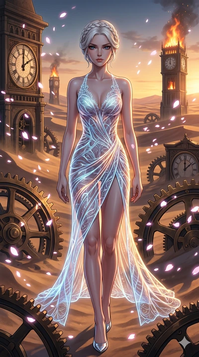 score_9, masterpiece, best quality, ultra-detailed, Set A: High-budget Anime Keyframe, Caucasian (strictly human ears) woman. Upper body close-up from the thighs up, character filling the screen for maximum presence. Walking gracefully through a cloc