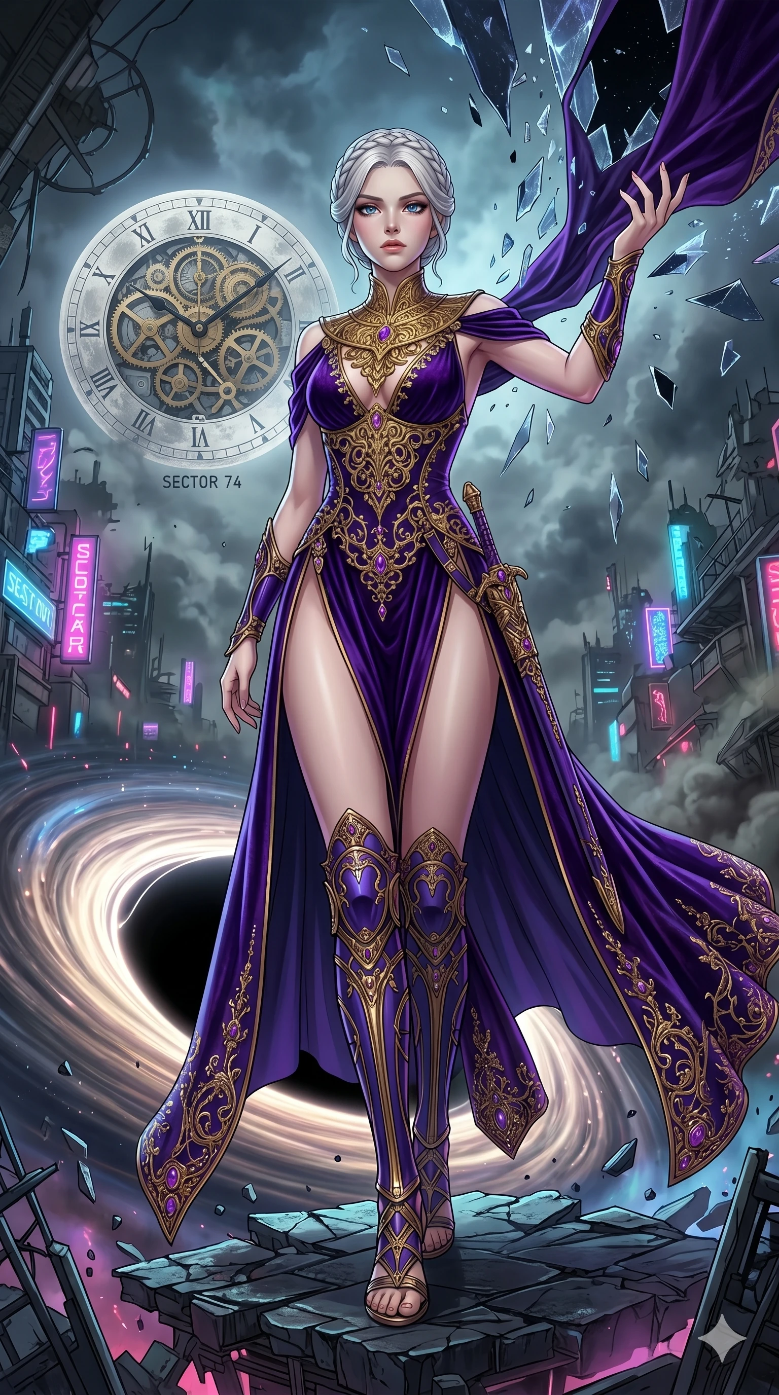 score_9, masterpiece, best quality, ultra-detailed, Set A: High-budget Anime Keyframe, Japanese woman. Low angle cowboy shot filling the entire 9:16 frame with her statuesque presence. Theme: Urban Decay. shattering the fabric of reality in the edge of a black hole, with a massive clockwork moon ticking behind her as sector 74. The atmosphere is filled with heavy smog with neon flares. She has an absolutely perfect 8-heads proportion, an exceptionally tall and slender female figure with impossibly long slender legs and an ultra-slim waist. Sharp v-shaped jawline, high-bridge nose, intricate jewel-like eyes with depth, glossy lips. Wearing Royal purple velvet gown with a massive gold-engraved neck-piece and open sides. Cinematic lighting, vivid colors, dramatic shadows, 2k, ultra detail, master piece, 9:16 ratio