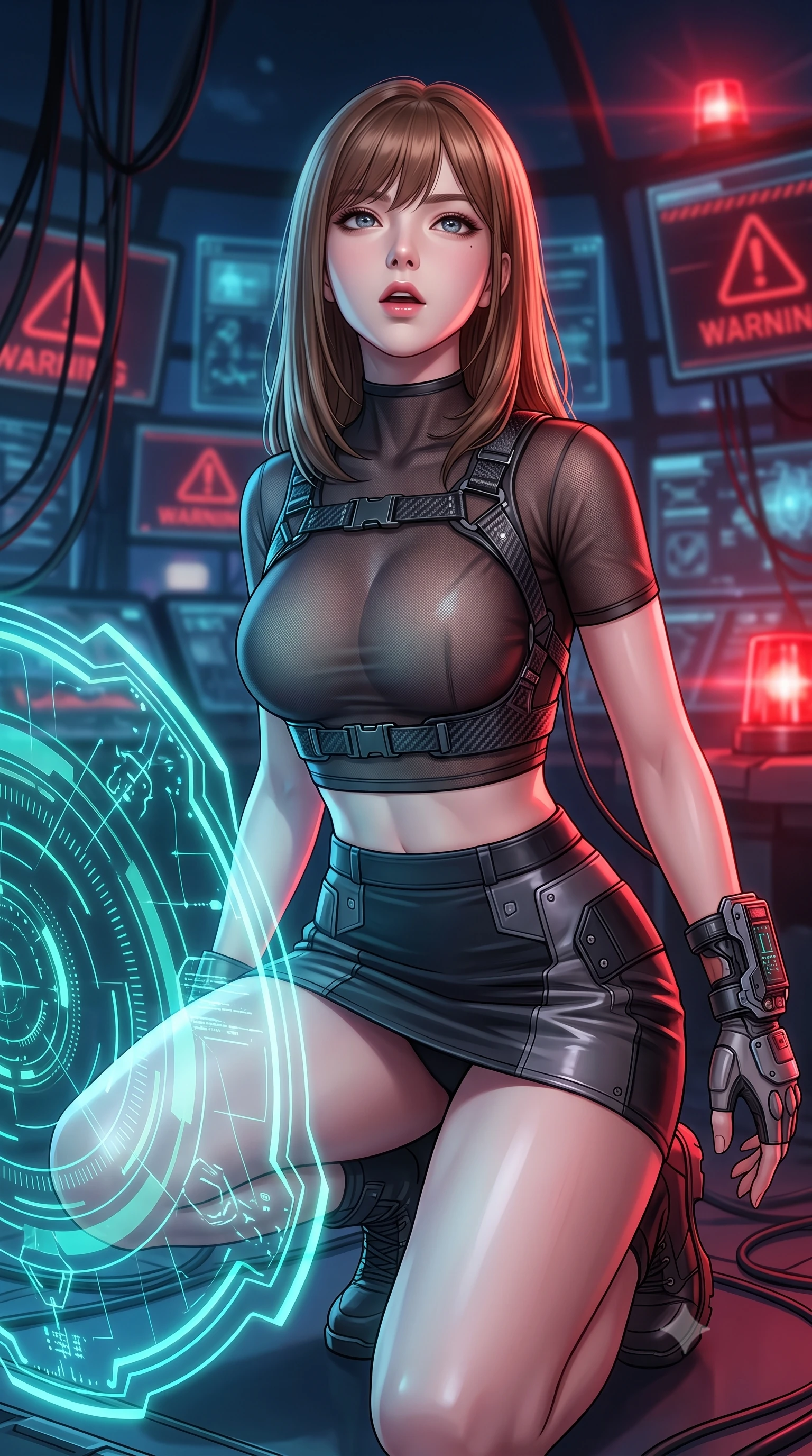 score_9, masterpiece, best quality, ultra-detailed, high-budget anime keyframe, editorial fashion photography, tasteful artistic composition, Korean woman. close-up cowboy shot from the waist and thighs up, the character dominates the composition, filling the frame with her large presence, background elements kept in soft focus. crouching slightly behind a glowing holographic shield emitter, looking up with defiance and lips slightly parted, the background shows a soft-focus a citadel control dome with warning screens and warning lights at night. She has an exceptionally elegant, slender, and willowy female figure with an ultra-slim waist, a gracefully sculpted slender torso, and a refined silhouette. sharp v-shaped jawline, high-bridge nose, intricate jewel-like eyes with depth, thick eyelashes, glossy lips with a natural sheen. wearing a body-hugging semi-opaque dark mesh crop top paired with a micro skirt, layered with a carbon-fiber harness. pulsing red emergency warning beacons casting high-contrast dramatic shadows. highly saturated vibrant anime colors, detailed shading with soft gradients, rich glossy textures, high-contrast stereoscopic depth, volumetric dynamic lighting, master piece, 9:16 ratio