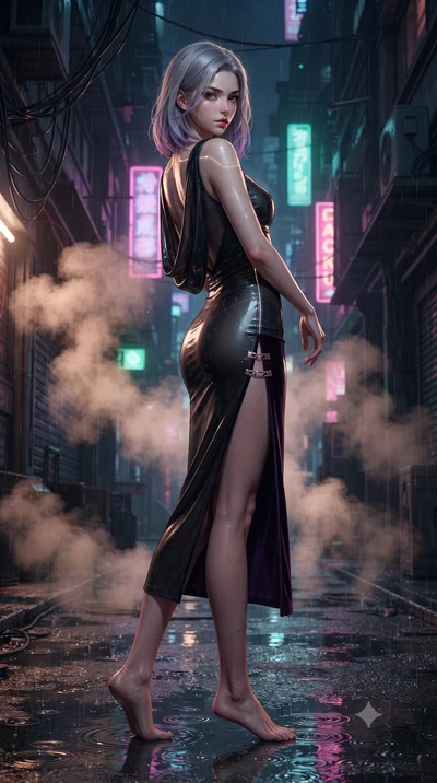 score_9, masterpiece, best quality, ultra-detailed, high-budget anime keyframe, editorial fashion photography, tasteful artistic composition, Caucasian woman. low angle full-body shot from head to toe showing her feet, filling the entire 9:16 vertica