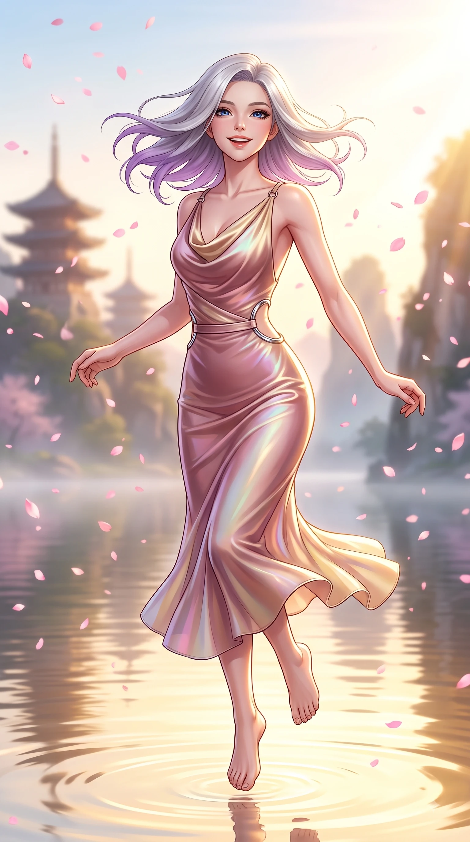score_9, masterpiece, best quality, ultra-detailed, high-budget anime keyframe, editorial fashion photography, tasteful artistic composition, Caucasian woman. close-up cowboy shot from the waist and thighs up, the character dominates the composition, filling the frame with her large presence, background elements kept in soft focus. Tilting her chin up with a beaming smile of pure delight while balancing dynamically amidst the scene while spinning in mid-air over a serene mirror lake as pink petals rain softly around her, morning mist floating gently over the water surface, capturing bright golden light. She has an exceptionally elegant, slender, and willowy female figure with an ultra-slim waist, a gracefully sculpted slender torso, and a refined silhouette. sharp v-shaped jawline, high-bridge nose, intricate jewel-like eyes with depth, thick eyelashes, glossy lips with a natural sheen, flawlessly proportioned anatomical accuracy, natural body alignment, perfectly sculpted elegant limbs, clean dynamic posture without body distortion. wearing an elegant cowl-neck satin midi dress with a graceful draped neckline in dusty rose and champagne gold, crafted from iridescent chiffon that shifts colors in the light, accented with delicate chrome ring hardware framing her waist, the tailored fabric tightly following every curve of her athletic build. bathed in bright morning sunbeams and warm golden sakura backlighting. highly saturated vibrant anime colors, detailed shading with soft gradients, rich glossy textures, high-contrast stereoscopic depth, volumetric dynamic lighting, master piece, 9:16 ratio