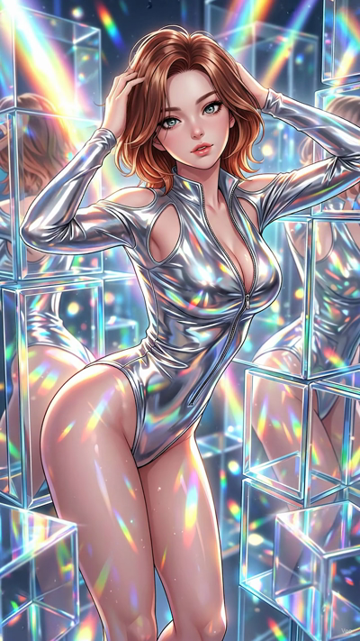 An anime keyframe style video starting from the initial frame. The camera executes a slow, smooth orbit. The background galaxy and stars shimmer and rotate slowly. Volumetric sunbeams shift across the room, illuminating floating dust motes and creati