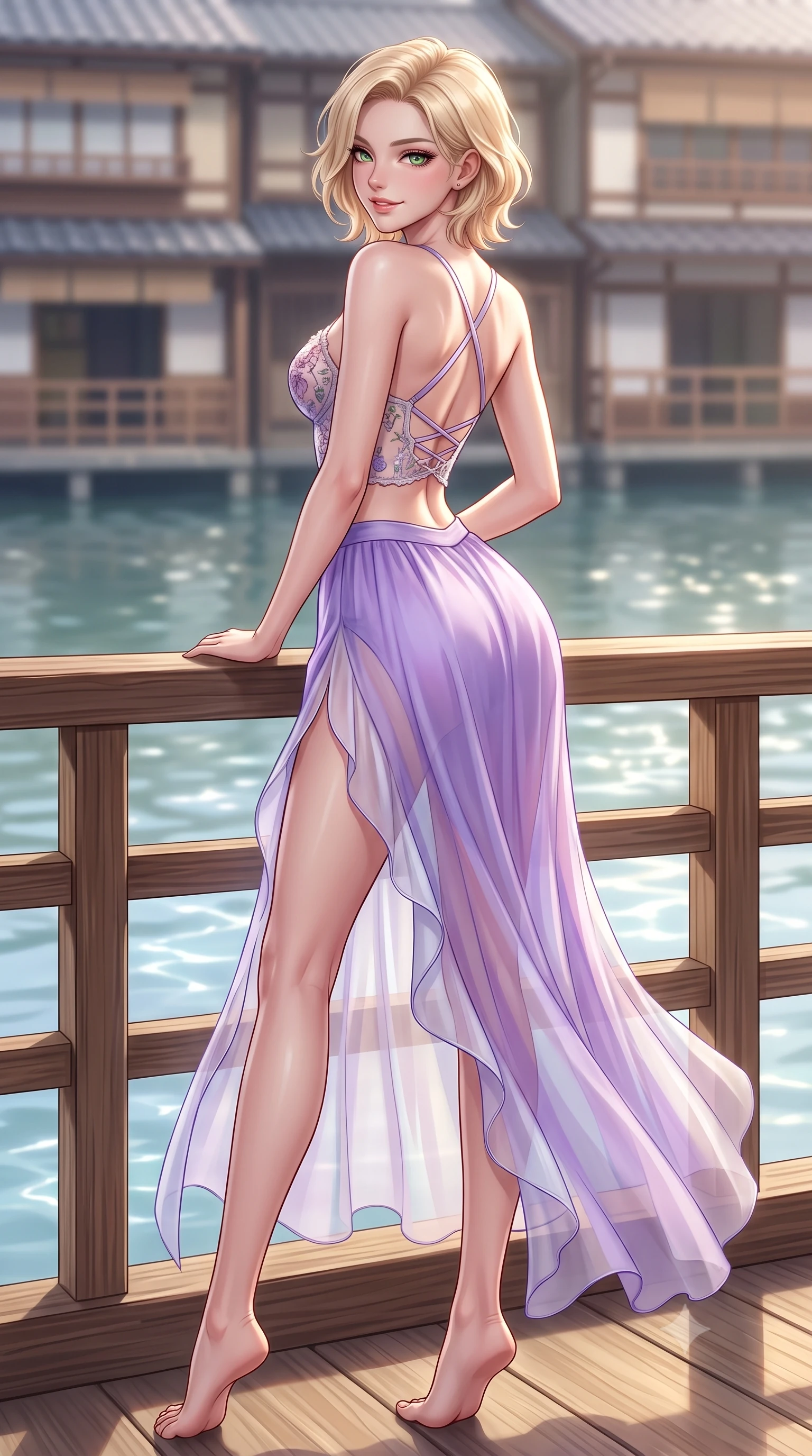 score_9, masterpiece, best quality, ultra-detailed, high-budget anime keyframe, semi-realistic 3D game render, editorial fashion photography, tasteful artistic composition, Caucasian woman. low angle full-body shot from head to toe showing her feet, filling the entire 9:16 vertical frame with her statuesque presence, stretching her vertical silhouette. posing with back turned slightly to the lens, glancing back with an enchanting, playful smile as she arches her lower back to emphasize her sculpted feminine hips and slender waist while leaning against the cedarwood railing with hips cocked back, looking over a bare shoulder with an enchanting, shy yet alluring smile. The composition keeps background elements in soft focus with dreamy creamy bokeh. historic wooden teahouse facades across the water softened in nostalgic Kyoto shallow focus. She has an exceptionally tall and slender model-like 8.5-heads proportion, an ultra-slim waist, a flat toned midriff, narrow delicate ribcage, and beautifully sculpted feminine hips creating a graceful, slim hourglass silhouette without any bulky heaviness, with impossibly long slender legs. sharp v-shaped jawline, high-bridge nose, intricate jewel-like sparkling eyes with depth, thick eyelashes, glossy parted lips with a natural peach sheen, bright cheerful beaming smile with an enchanting and coquettish sensual glint, exuding both youthful cute charm and seductive allure, flawlessly proportioned anatomical accuracy, strict slender model proportions, natural body alignment, perfectly sculpted long slender limbs, ultra-slim waistline, clean dynamic posture without body distortion. wearing a delicate floral embroidery bustier top paired with a flowy high-slit chiffon maxi skirt with a side hip opening in delicate lavender violet and pearlescent white, woven from layered gossamer organza with weightless flutter, finished with criss-cross back satin straps highlighting her graceful shoulder blades, the glove-like silhouette tightly following the natural contour of her hips and long slender legs with youthful 8.5-heads elegance. illuminated by gentle water surface reflections sharply defining her razor-sharp jawline, narrow waist, and curvy hips. highly saturated vibrant anime colors, detailed shading with soft gradients, rich glossy textures, high-contrast stereoscopic depth, volumetric dynamic lighting, master piece, 9:16 ratio