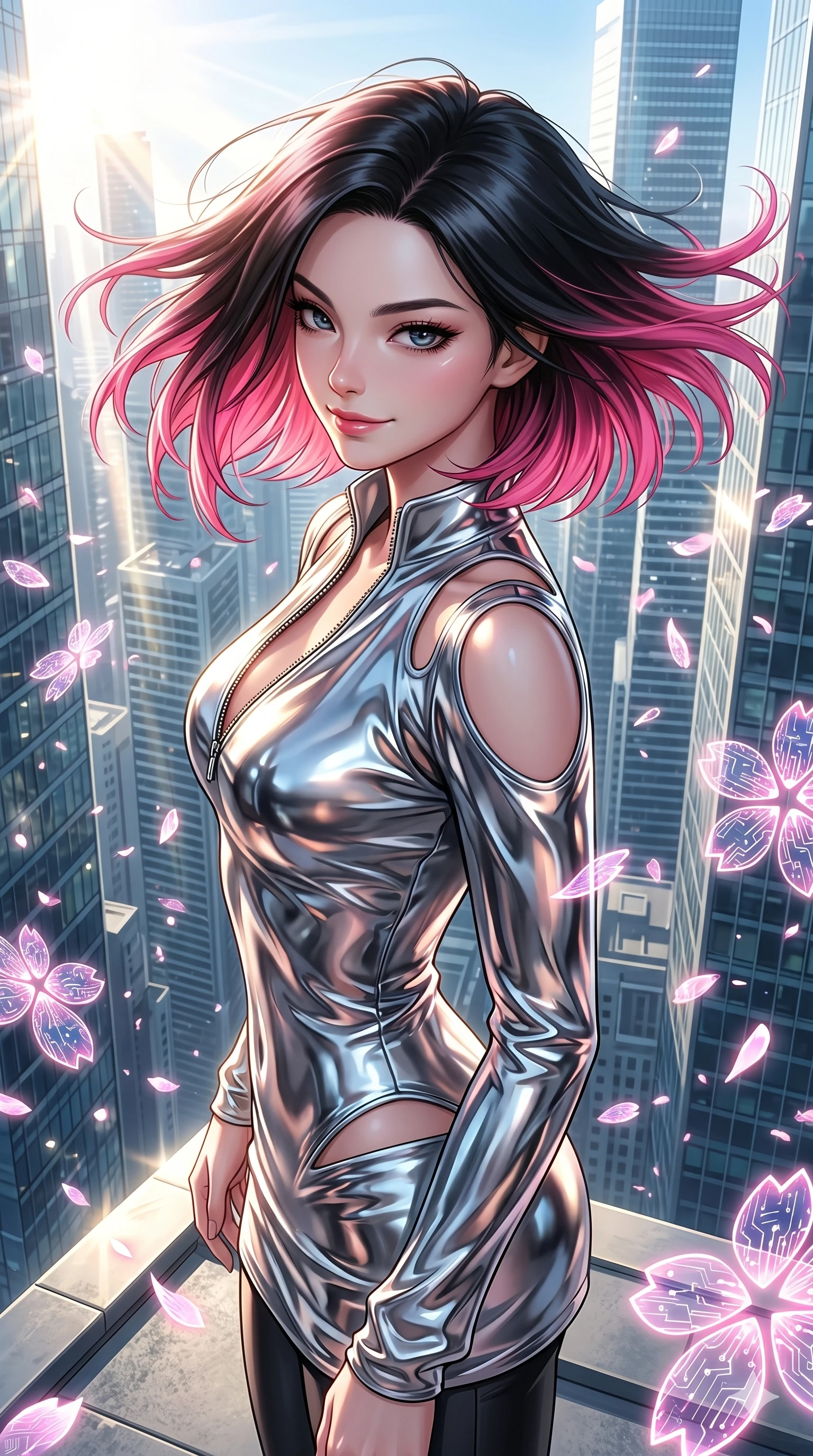 score_9, masterpiece, best quality, ultra-detailed, high-budget anime keyframe, editorial fashion photography, tasteful artistic composition, Korean woman. Upper body close-up from the thighs up, character filling the screen for maximum presence. She is standing on the edge of a skyscraper, her hair and clothes whipping in the wind as cybernetic sakura petals blizzard around. She twists her upper body dramatically with a confident half-smile. She has an absolutely perfect 8-heads proportion, an exceptionally tall and slender female figure with impossibly long slender legs and an ultra-slim waist. V-shaped jawline, high-bridge nose, intricate jewel-like eyes with depth, thick eyelashes, glossy lips with a natural sheen. She is wearing a form-fitting top made of molten liquid-mercury fabric that clings to her curves, with strategic tear-drop shoulder cutouts and a dangerously unzipped front collar. The scene is bathed in brilliant morning sunlight and sharp sun rays reflecting off distant glass skyscrapers. 2k, ultra detail, master piece, 9:16 ratio