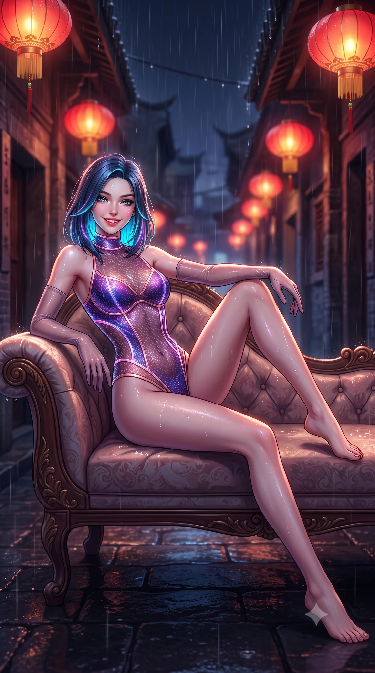 score_9, masterpiece, best quality, ultra-detailed, high-budget anime keyframe, semi-realistic 3D game render, editorial fashion photography, tasteful artistic composition, Caucasian woman. low angle full-body shot from head to toe showing her feet, filling the entire 9:16 vertical frame with her statuesque presence, stretching her vertical silhouette. reclining gracefully across the plush chaise lounge with one leg extended, her sculpted silhouette and flat midriff radiating magnetic nocturnal glamour while twisting her slender torso in an alluring S-curve, glistening rain droplets and lantern light tracing her dewy skin and narrow waist. The background shows a soft-focus rain droplets dripping from eaves softened in historic Shikumen alley nocturne shallow focus. She has an exceptionally tall and slender model-like 8.5-heads proportion, an ultra-slim waist, a flat toned midriff, narrow delicate ribcage, and beautifully sculpted feminine hips creating a graceful, slim hourglass silhouette without any bulky heaviness, with impossibly long slender legs. sharp v-shaped jawline, high-bridge nose, intricate jewel-like sparkling eyes with depth, thick eyelashes, glossy parted lips with a natural peach sheen, bright cheerful beaming smile with an enchanting and coquettish sensual glint, exuding both youthful cute charm and seductive allure, flawlessly proportioned anatomical accuracy, strict slender model proportions, natural body alignment, perfectly sculpted long slender limbs, ultra-slim waistline, clean dynamic posture without body distortion. wearing a provocative cyber-mesh sheer bodysuit with luminescent holographic fiber piping contouring her hourglass frame in orbital nebula violet and luminescent rose gold, woven from stretch metallic lurex jersey casting radiant starlight glints across her curves, complemented by sheer opera-length evening gloves tracing her slender arms, the form-contouring silhouette accentuating her sculpted flat midriff, narrow delicate ribcage, and gracefully curvy hips with intoxicating allure. bathed in the romantic red-and-gold 2200K glow of hanging silk lanterns contrasted with deep midnight rain ambient. highly saturated vibrant anime colors, detailed shading with soft gradients, rich glossy textures, high-contrast stereoscopic depth, volumetric dynamic lighting, master piece, 9:16 ratio