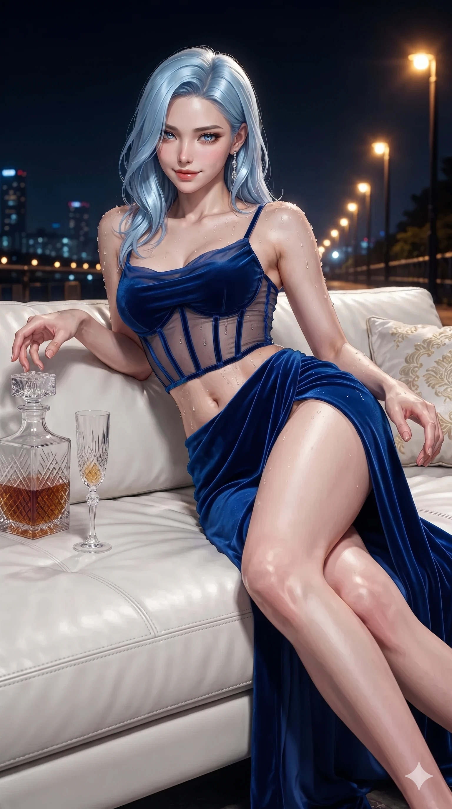score_9, masterpiece, best quality, ultra-detailed, high-budget anime keyframe, editorial fashion photography, tasteful artistic composition, Korean woman. close-up cowboy shot from the waist and thighs up, the character dominates the composition, filling the frame with her large presence. twisting her slender torso in an alluring S-curve while reaching for a vintage crystal decanter, her dark tailored fit highlighting her hourglass curves while reclining gracefully on an oversized white leather daybed under the open midnight sky, her long slender legs and hourglass curves commanding the frame. The surrounding environment is rendered in vivid detail and crisp panoramic clarity: sharp stitched white leather daybed seams, silk cushion embroidery, and crystal glass champagne flute clarity in deep focus. She has an exceptionally elegant, slender, and willowy female figure with an ultra-slim waist, flat toned midriff, narrow ribcage, and sculpted feminine hips creating an alluring, slim hourglass silhouette without bulk. sharp v-shaped jawline, high-bridge nose, intricate jewel-like dark sparkling eyes with dangerous depth, thick curled eyelashes, glossy parted lips with a rich wine sheen, smoldering seductive half-smile with bedroom-eyes, exuding effortless superiority and intoxicating dark allure, flawlessly proportioned anatomical accuracy, strict slender model proportions, natural body alignment, perfectly sculpted long slender limbs, ultra-slim waistline, clean dynamic posture without body distortion. wearing a sheer-illusion mesh corset gown with strategic opaque velvet panels framing her waist and hips in cobalt blue floodlights and warm golden promenade streetlights, made of fluid liquid jersey with seamless sculpting hold and smooth contours, finished with glistening rain droplets beading across her sculpted shoulders and flat midriff, the high-slit wrap tailoring accentuating her ultra-slim waistline and the enchanting curve of her feminine hips with alluring seductive charm. illuminated by city light haze bounce and sharp golden-amber rim lights defining her razor-sharp jawline, narrow waist, and curvy hips. ultra-reflective glossy finish, specular highlights, rich textural contrasts, high-contrast stereoscopic depth, volumetric dynamic lighting, 2k, ultra detail, master piece, 9:16 ratio