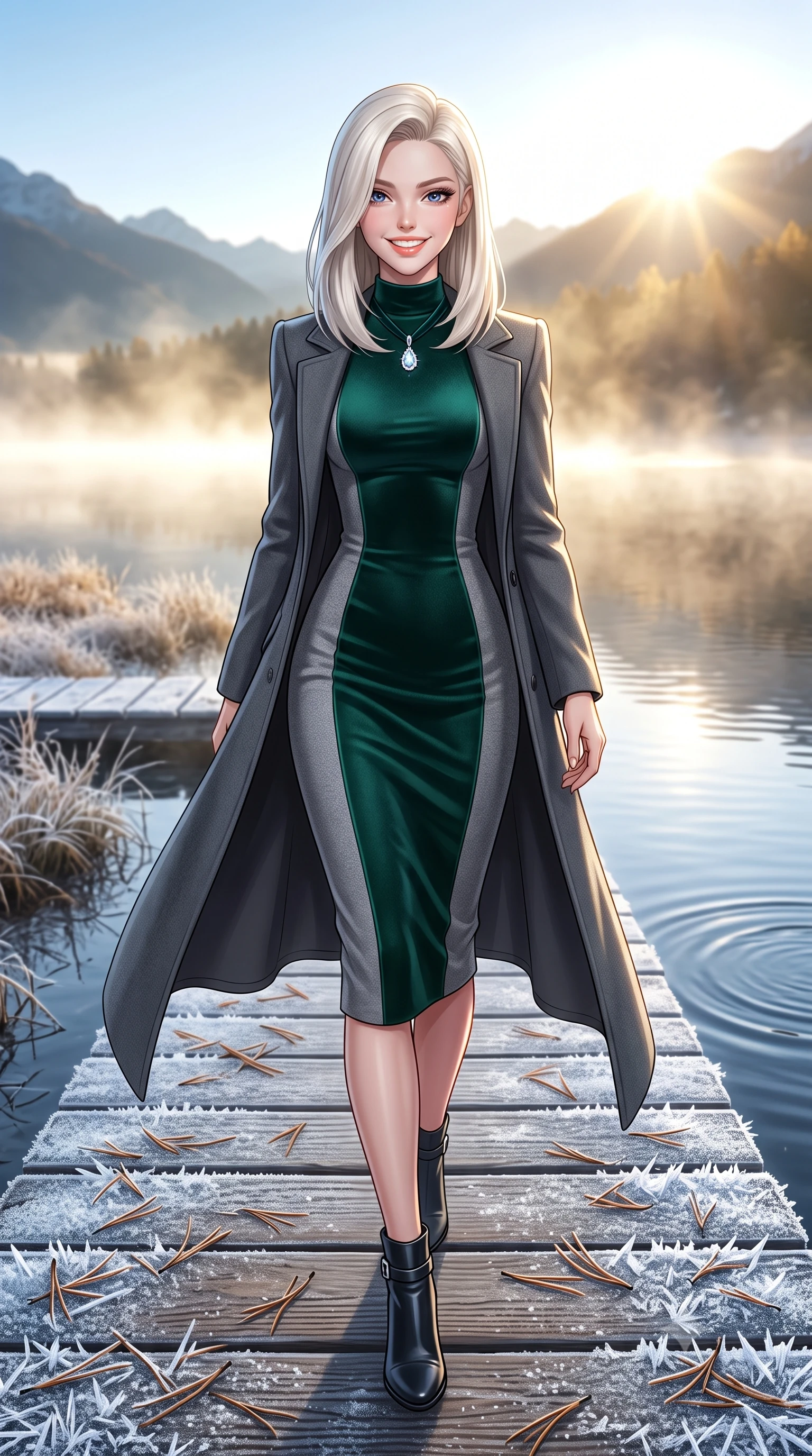 score_9, masterpiece, best quality, ultra-detailed, high-budget anime keyframe, semi-realistic 3D game render, editorial fashion photography, tasteful artistic composition, Caucasian woman. low angle full-body shot from head to toe showing her feet, filling the entire 9:16 vertical frame with her statuesque presence, stretching her vertical silhouette. stepping forward in a confident stride, her long slender legs and curvaceous hips creating a dynamic, sweeping vertical line while stepping forward with brisk, graceful strides on the frosted path, her long wool coat creating an impeccably slender vertical line. The surrounding environment is rendered in vivid detail and crisp panoramic clarity: sharp ice crystal needles on wooden boardwalk planks, fallen larch needles, and ripples on glassy water in deep focus. She has an exceptionally tall and slender model-like 8.5-heads proportion, an ultra-slim waist, a flat toned midriff, narrow delicate ribcage, and beautifully sculpted feminine hips creating a graceful, slim hourglass silhouette without any bulky heaviness, with impossibly long slender legs. sharp v-shaped jawline, high-bridge nose, intricate jewel-like sparkling eyes with depth, thick eyelashes, glossy parted lips with a natural peach sheen, bright cheerful beaming smile with an enchanting and coquettish sensual glint, exuding both youthful cute charm and seductive allure, flawlessly proportioned anatomical accuracy, strict slender model proportions, natural body alignment, perfectly sculpted long slender limbs, ultra-slim waistline, clean dynamic posture without body distortion. wearing a sleek stretch velvet mock-neck bodycon midi dress with long sleeves contouring her willowy torso and hips in St. Moritz pine forest emerald and heather grey, tailored from premium double-knit ponte with sleek sculpting hold and smooth contours, finished with a narrow velvet neck ribbon and a sparkling teardrop crystal pendant, the second-skin tailored fabric adhering flawlessly to her sculpted flat midriff and slender torso, emphasizing her long leg lines and perfectly proportioned willowy build. bathed in crisp, sparkling morning sun breaking over mountain crests, illuminating lake mist with ethereal golden backlighting. highly saturated vibrant anime colors, detailed shading with soft gradients, rich glossy textures, high-contrast stereoscopic depth, volumetric dynamic lighting, master piece, 9:16 ratio