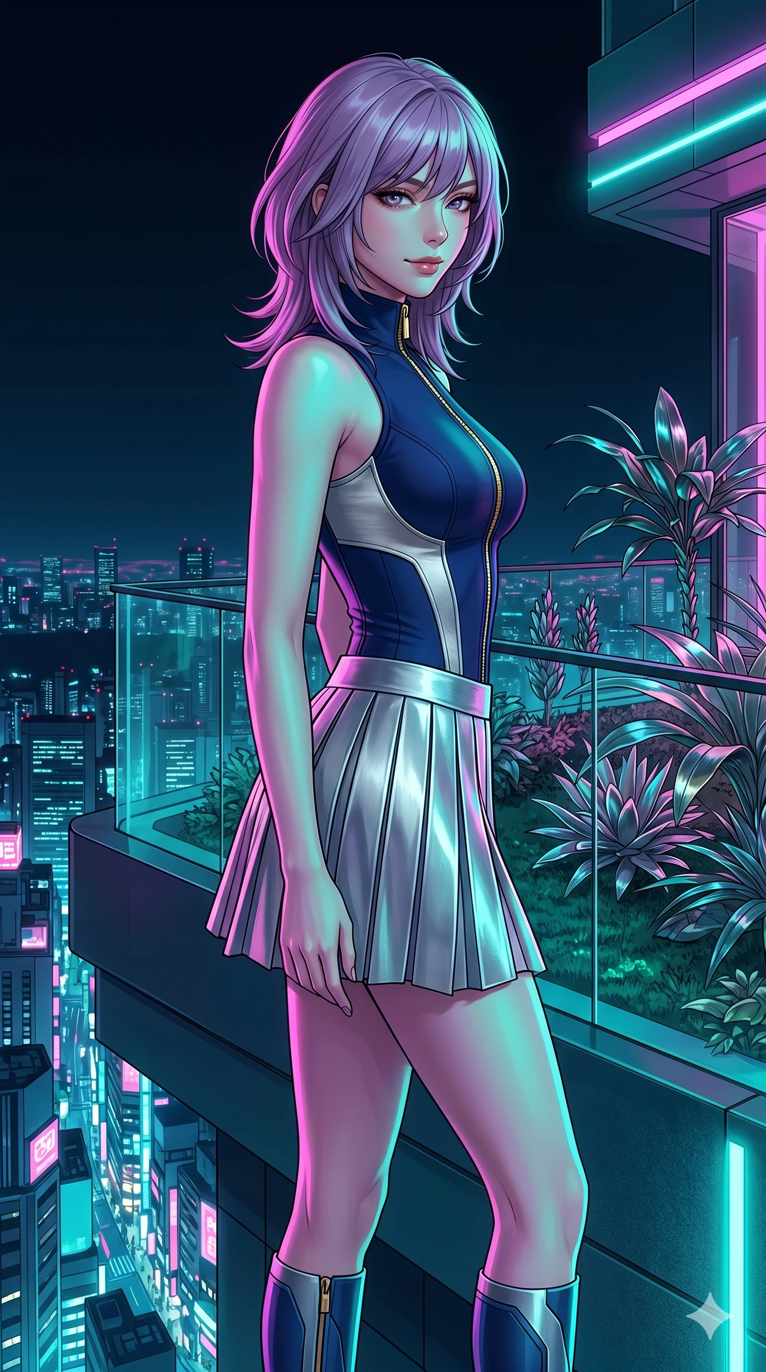 score_9, masterpiece, best quality, ultra-detailed, high-budget anime keyframe, editorial fashion photography, tasteful artistic composition, Japanese woman. cowboy shot from the thighs up, character and outfit filling the frame for maximum editorial presence. Glancing sidelong over her shoulder with a smoldering half-smile at the edge of a futuristic rooftop garden overlooking a neon-drenched megalopolis at night. She has an absolutely perfect 8-heads proportion, an exceptionally tall and slender female figure with impossibly long slender legs and an ultra-slim waist. V-shaped jawline, high-bridge nose, intricate jewel-like eyes with depth, thick eyelashes, glossy lips with a natural sheen. wearing a structured high-neck athletic bodysuit in deep navy with bold architectural side paneling and a gold zip detail, layered under an asymmetric pleated metallic mini skirt at mid-thigh. under intense neon teal and magenta split-lighting creating vivid chromatic contrast on her figure. 2k, ultra detail, master piece, 9:16 ratio