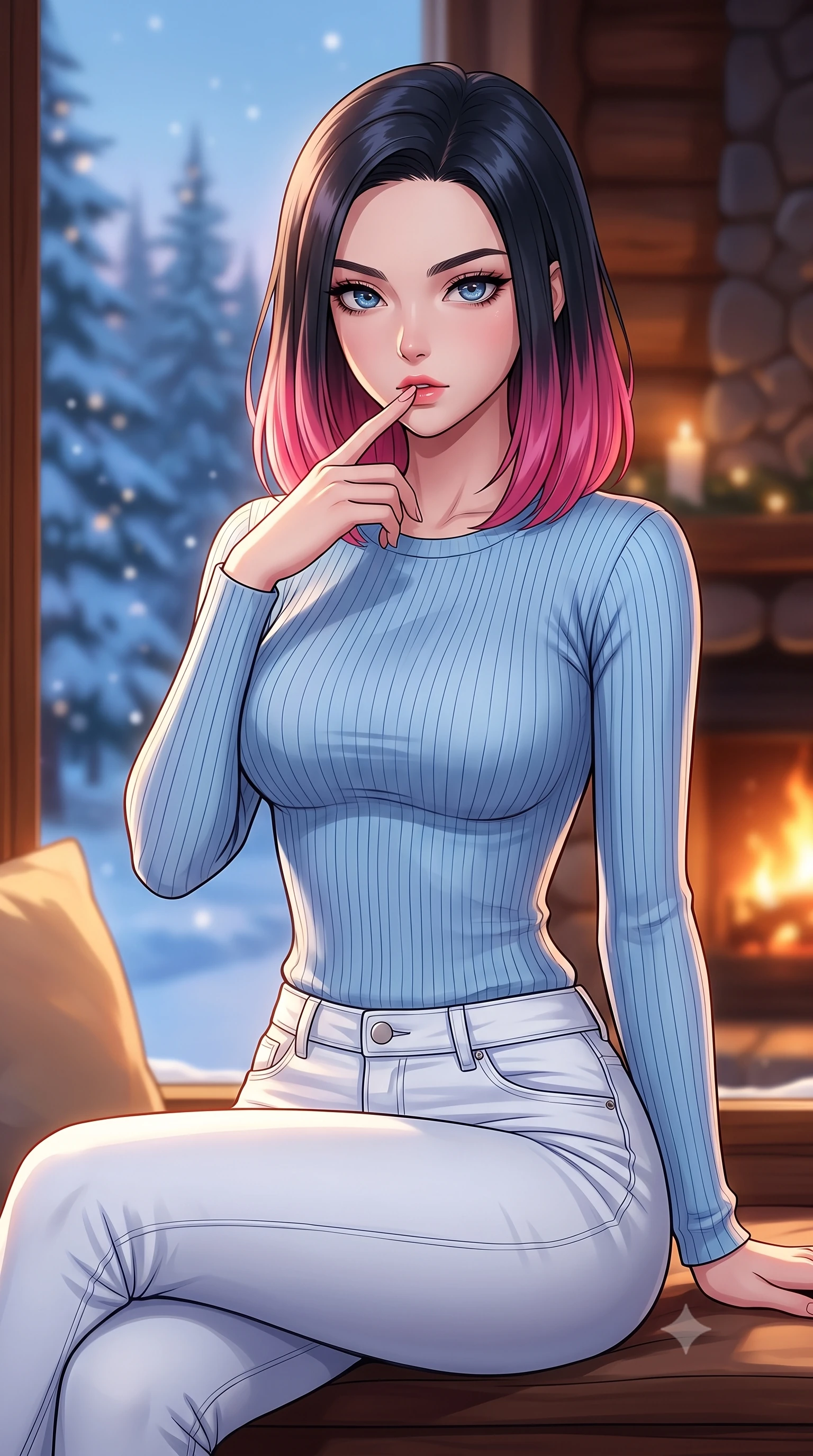 score_9, masterpiece, best quality, ultra-detailed, high-budget anime keyframe, tasteful artistic composition, Korean woman. close-up cowboy shot from the waist and thighs up, the character dominates the composition, filling the frame with her large presence, background elements kept in soft focus. pressing one finger to her bottom lip in a thoughtful, seductive gesture under the warm sun the background shows a soft-focus a cozy window seat of a luxury log cabin overlooking snowy pine woods at dusk. She has an exceptionally elegant, slender, and willowy female figure with an ultra-slim waist, a gracefully sculpted slender torso, and a refined silhouette. sharp v-shaped jawline, high-bridge nose, intricate jewel-like eyes with depth, thick eyelashes, glossy lips with a natural sheen. wearing a form-contouring body-hugging light blue ribbed long-sleeve top paired with tight white denim pants. warm fireplace light contrasting with the cool blue snow-reflected daylight. highly saturated vibrant anime colors, cel-shading, 2d style, master piece, 9:16 ratio